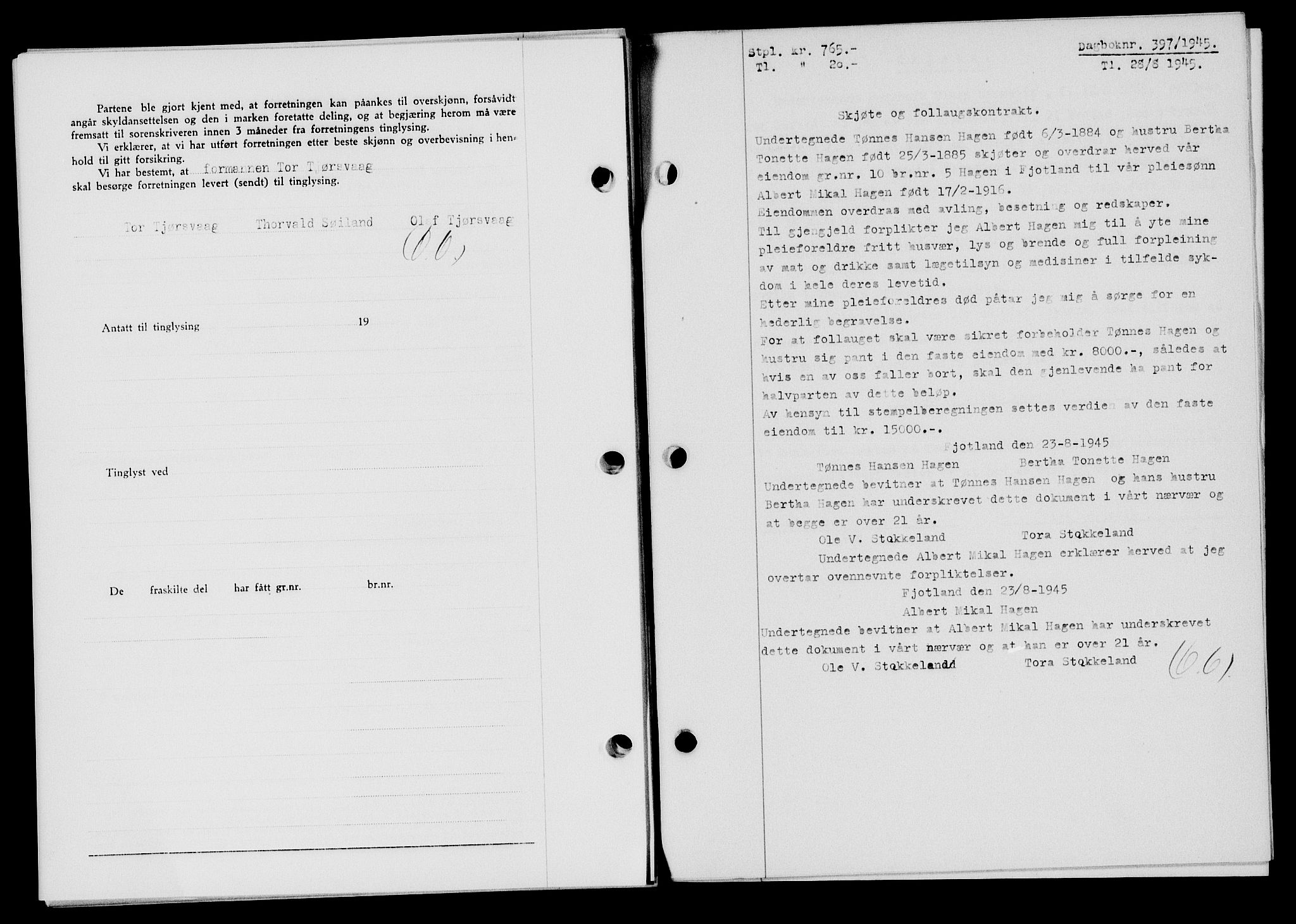 Flekkefjord sorenskriveri, SAK/1221-0001/G/Gb/Gba/L0059: Mortgage book no. A-7, 1944-1945, Diary no: : 397/1945