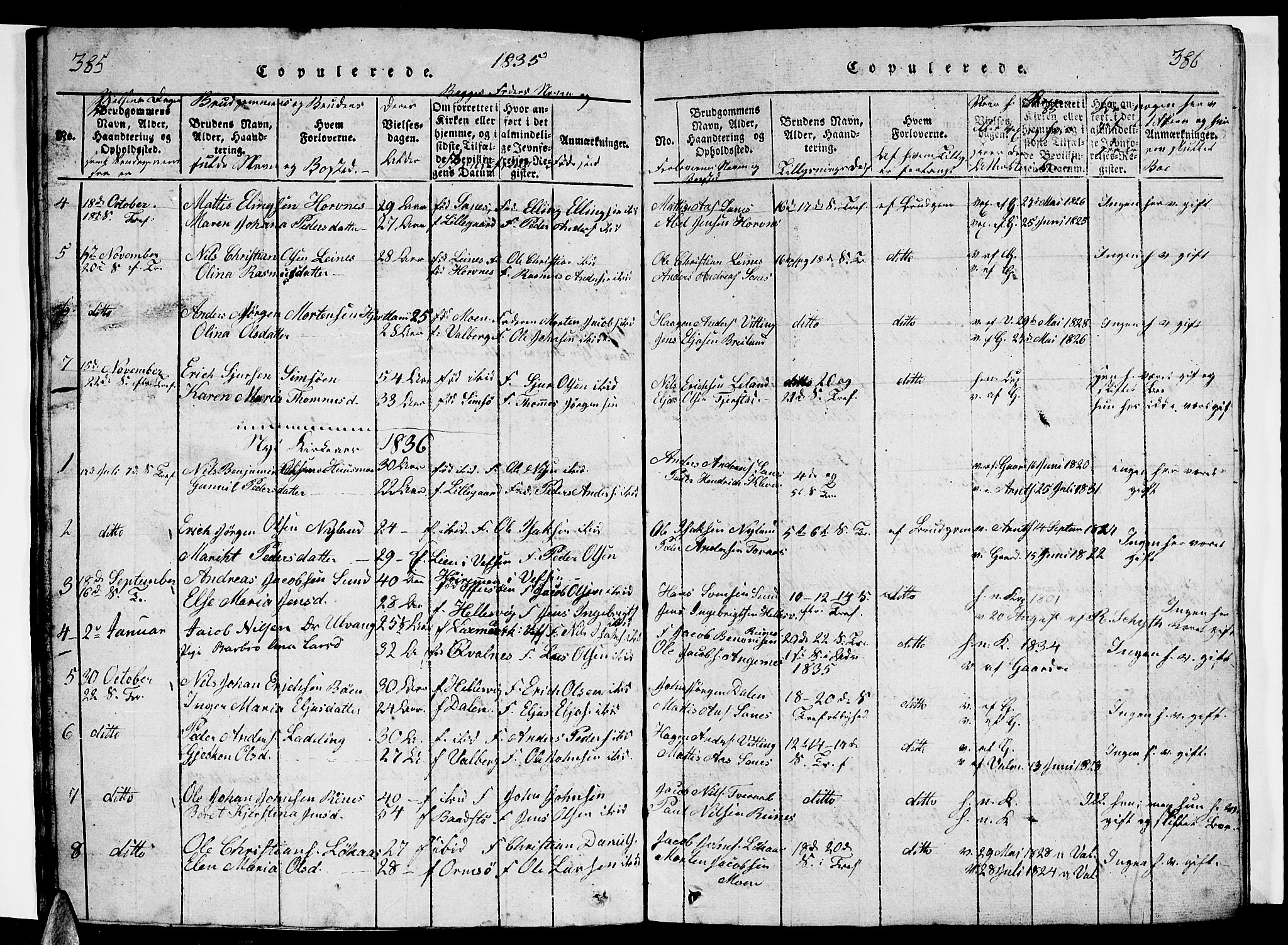 Ministerialprotokoller, klokkerbøker og fødselsregistre - Nordland, AV/SAT-A-1459/831/L0474: Parish register (copy) no. 831C01, 1820-1850, p. 385-386