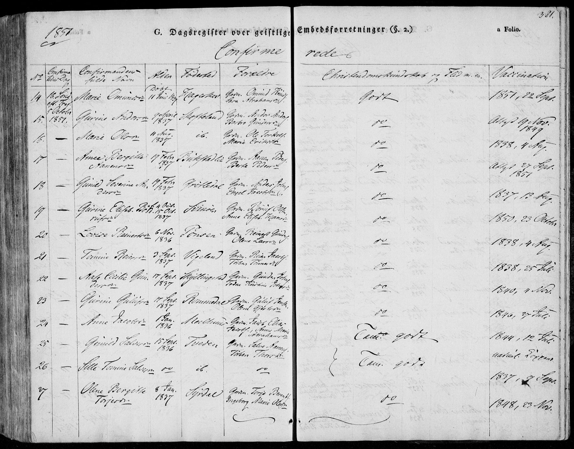 Sør-Audnedal sokneprestkontor, AV/SAK-1111-0039/F/Fa/Fab/L0006: Parish register (official) no. A 6, 1829-1855, p. 381