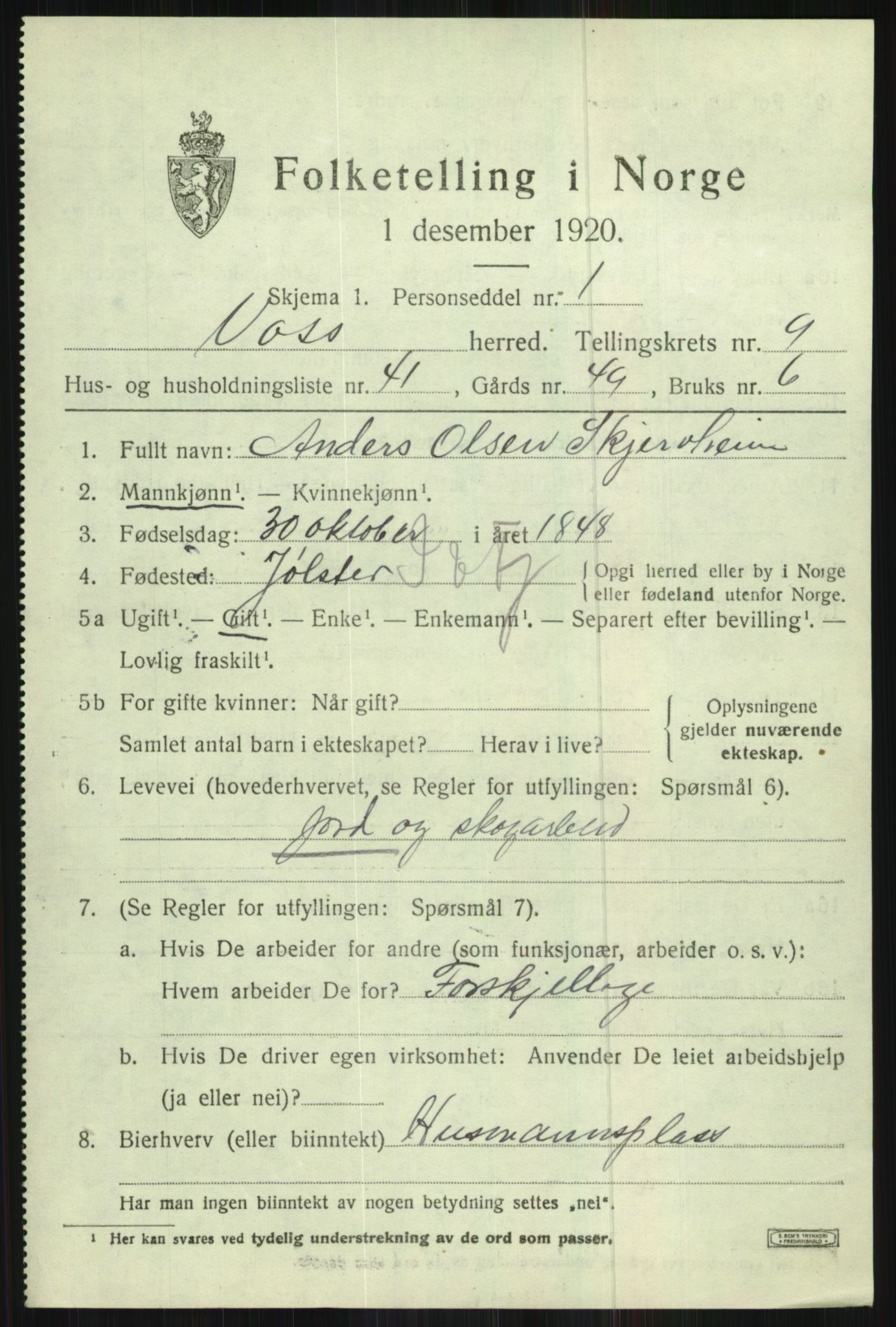 SAB, 1920 census for Voss, 1920, p. 9309