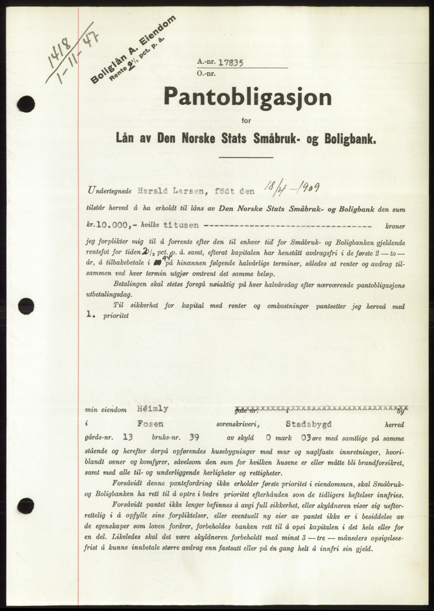 Fosen sorenskriveri, AV/SAT-A-1107/1/2/2C: Mortgage book no. B, 1946-1948, Diary no: : 1418/1947