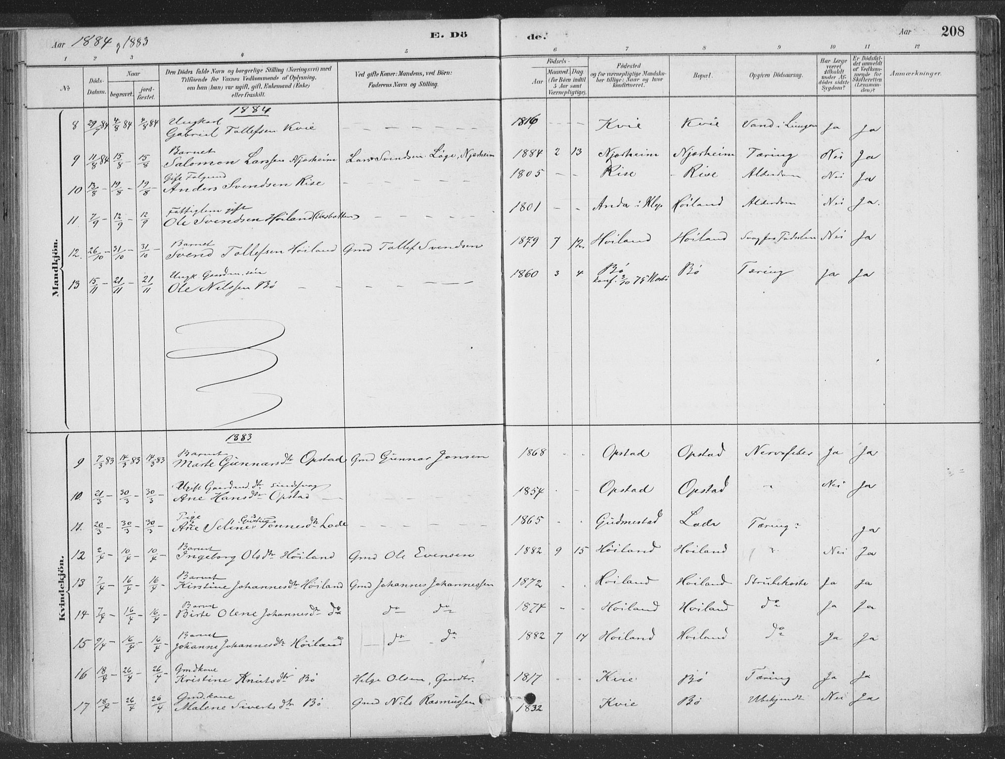 Hå sokneprestkontor, SAST/A-101801/001/30BA/L0010: Parish register (official) no. A 9, 1879-1896, p. 208