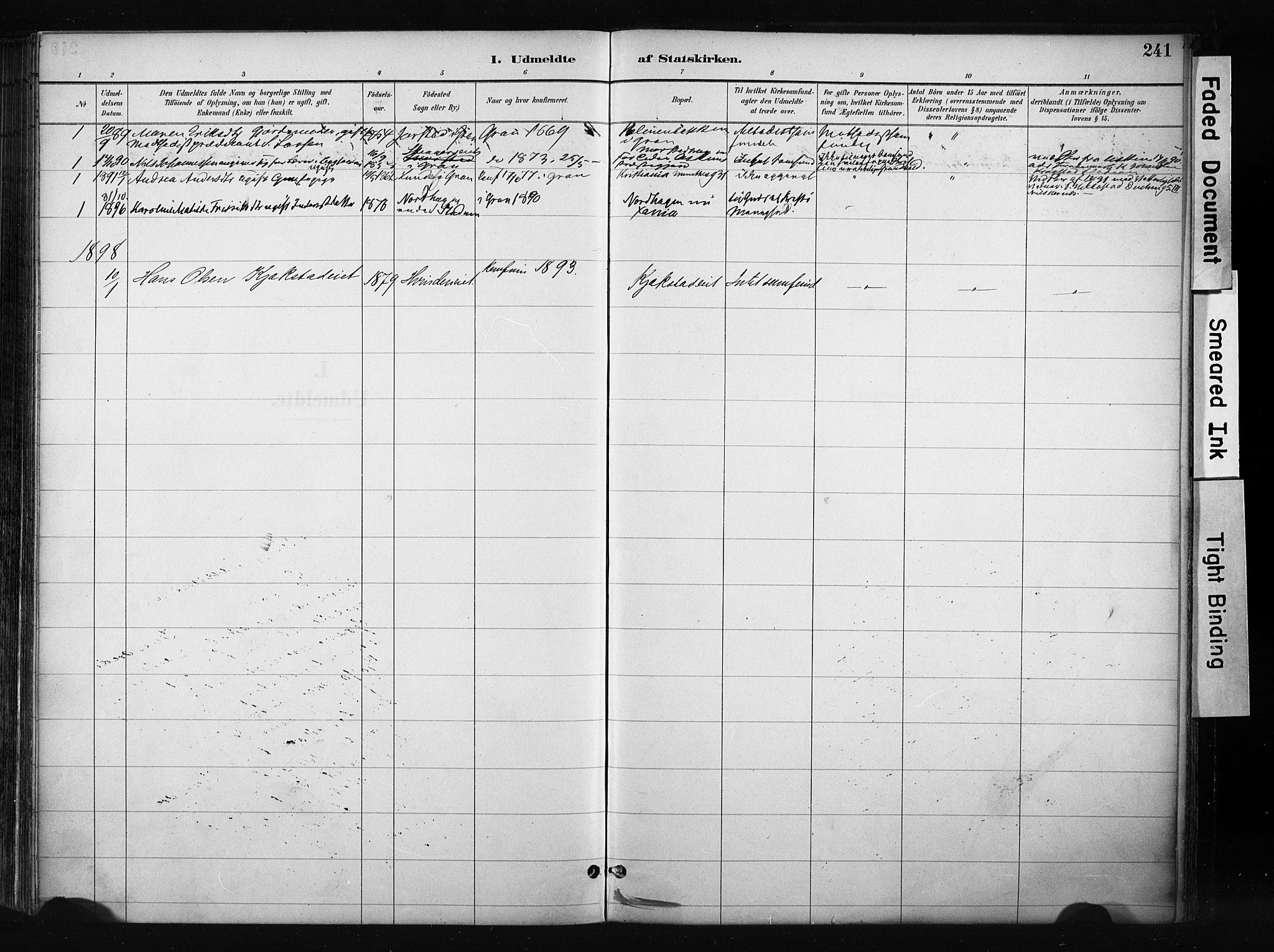 Gran prestekontor, SAH/PREST-112/H/Ha/Haa/L0017: Parish register (official) no. 17, 1889-1897, p. 241