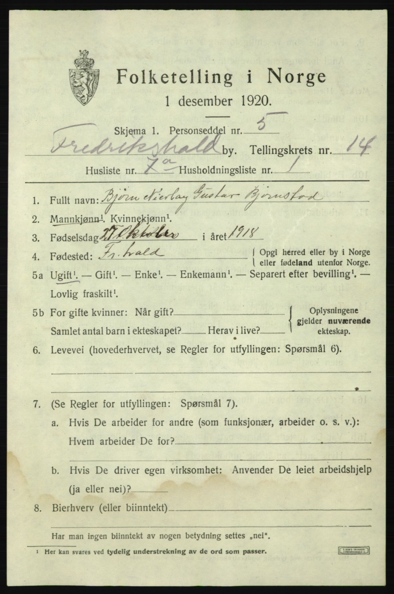 SAO, 1920 census for Fredrikshald, 1920, p. 22395