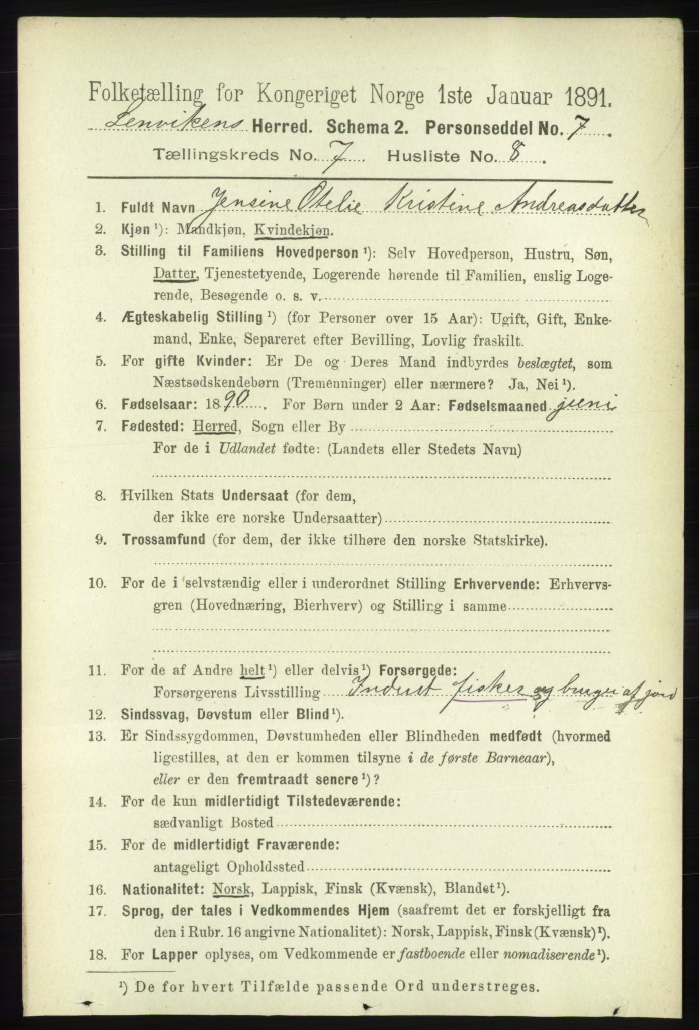 RA, 1891 census for 1931 Lenvik, 1891, p. 3826