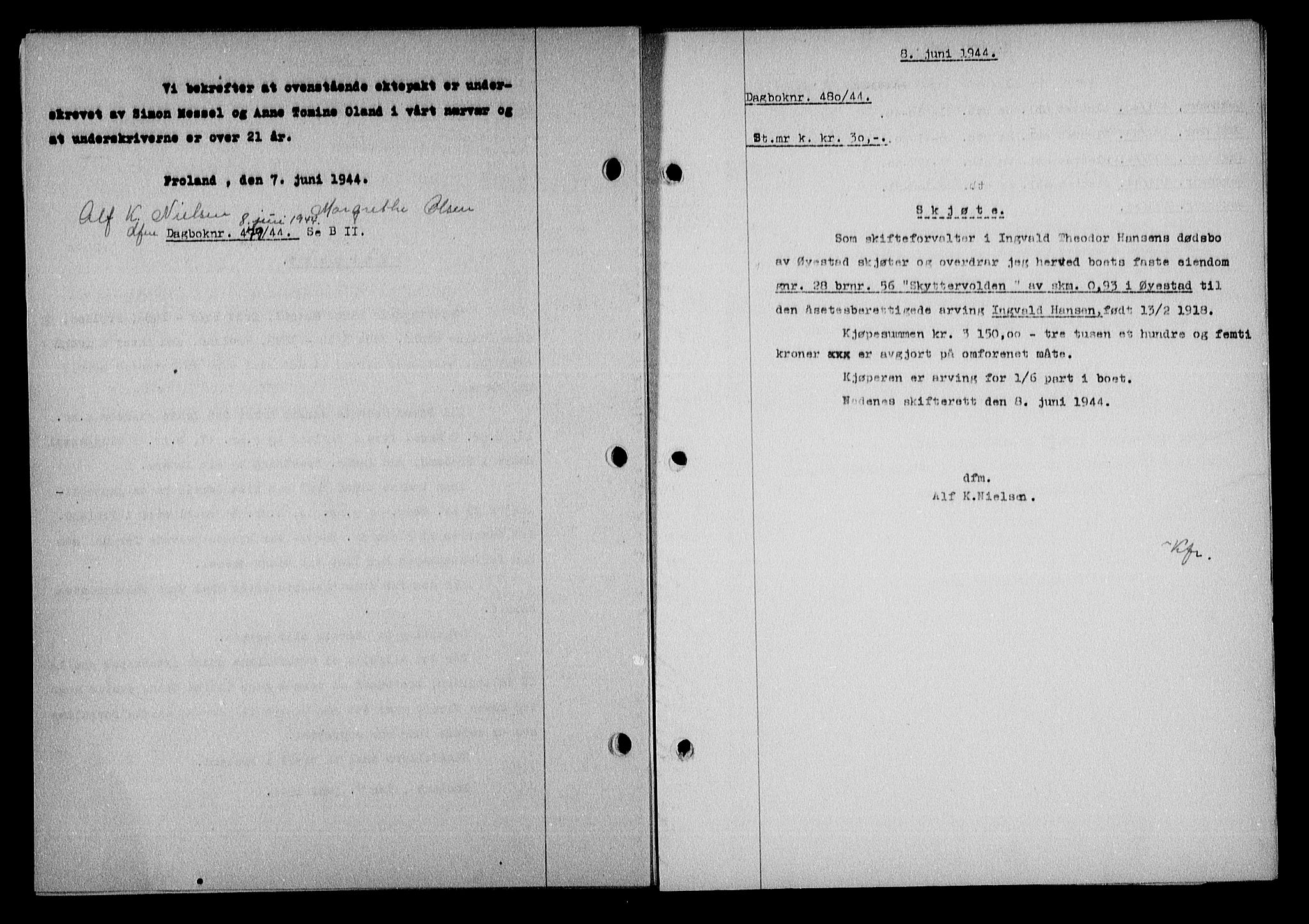 Nedenes sorenskriveri, SAK/1221-0006/G/Gb/Gba/L0051: Mortgage book no. A-V, 1943-1944, Diary no: : 480/1944