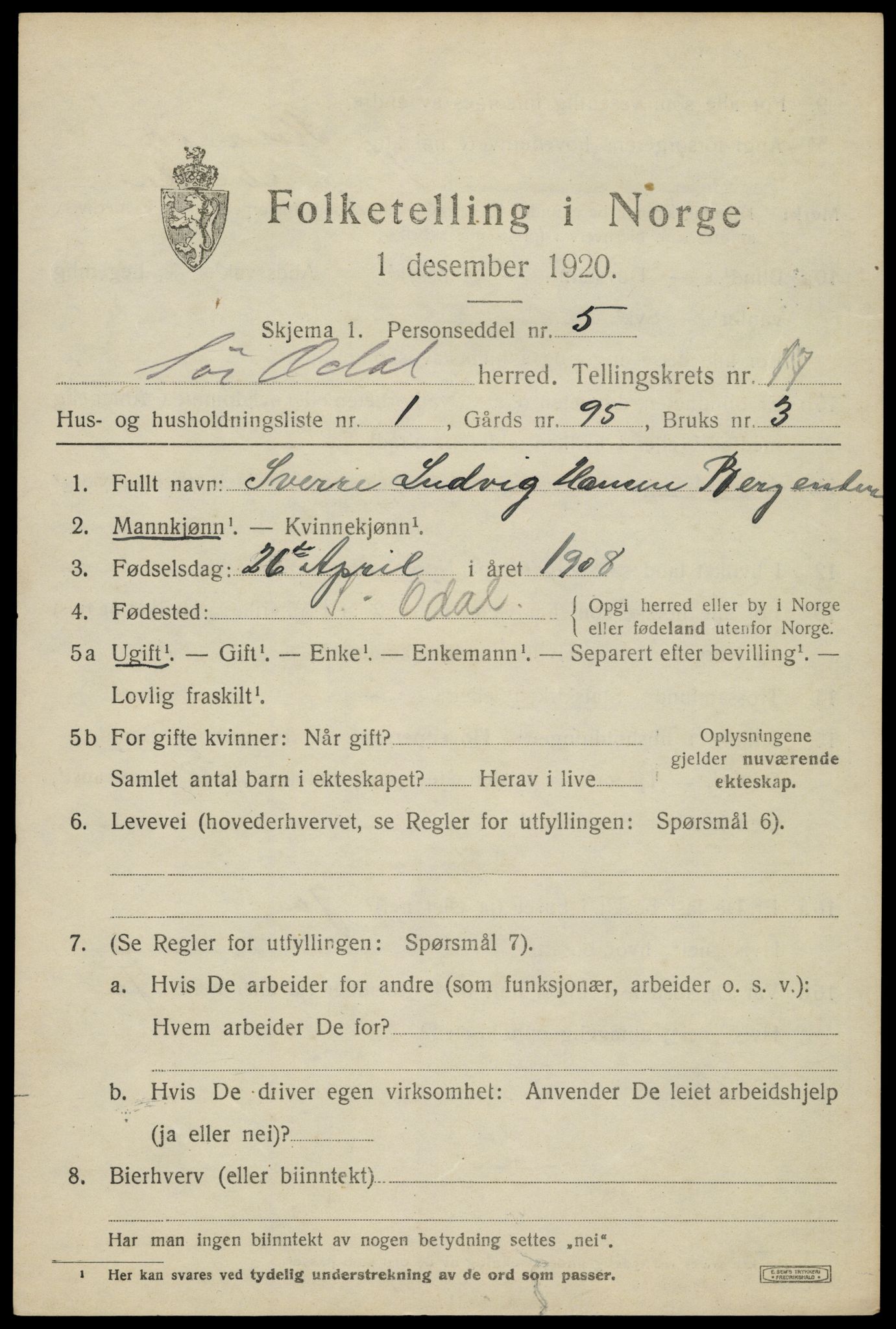 SAH, 1920 census for Sør-Odal, 1920, p. 17011