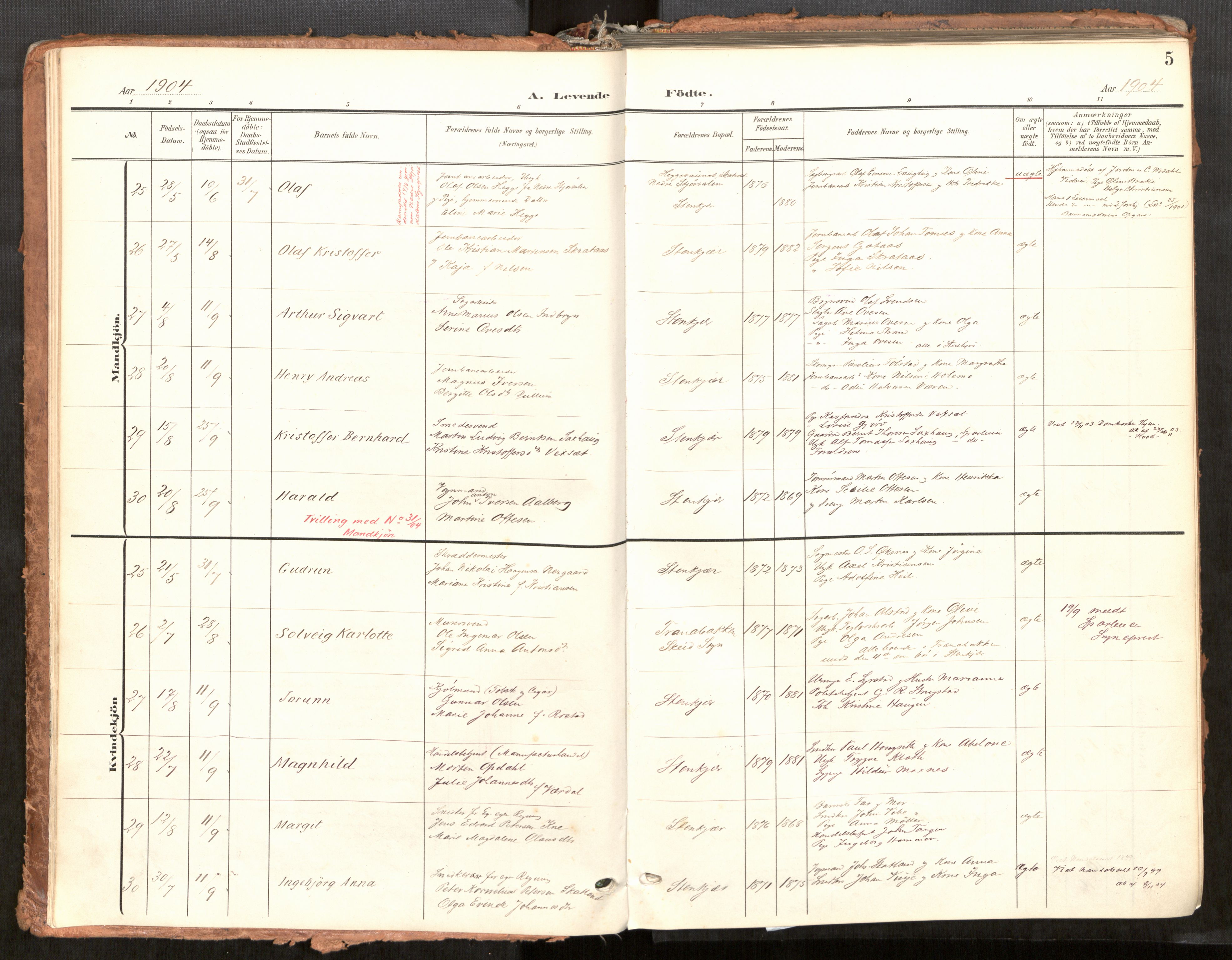 Steinkjer sokneprestkontor, AV/SAT-A-1541/01/H/Ha/Haa/L0001: Parish register (official) no. 1, 1904-1912, p. 5