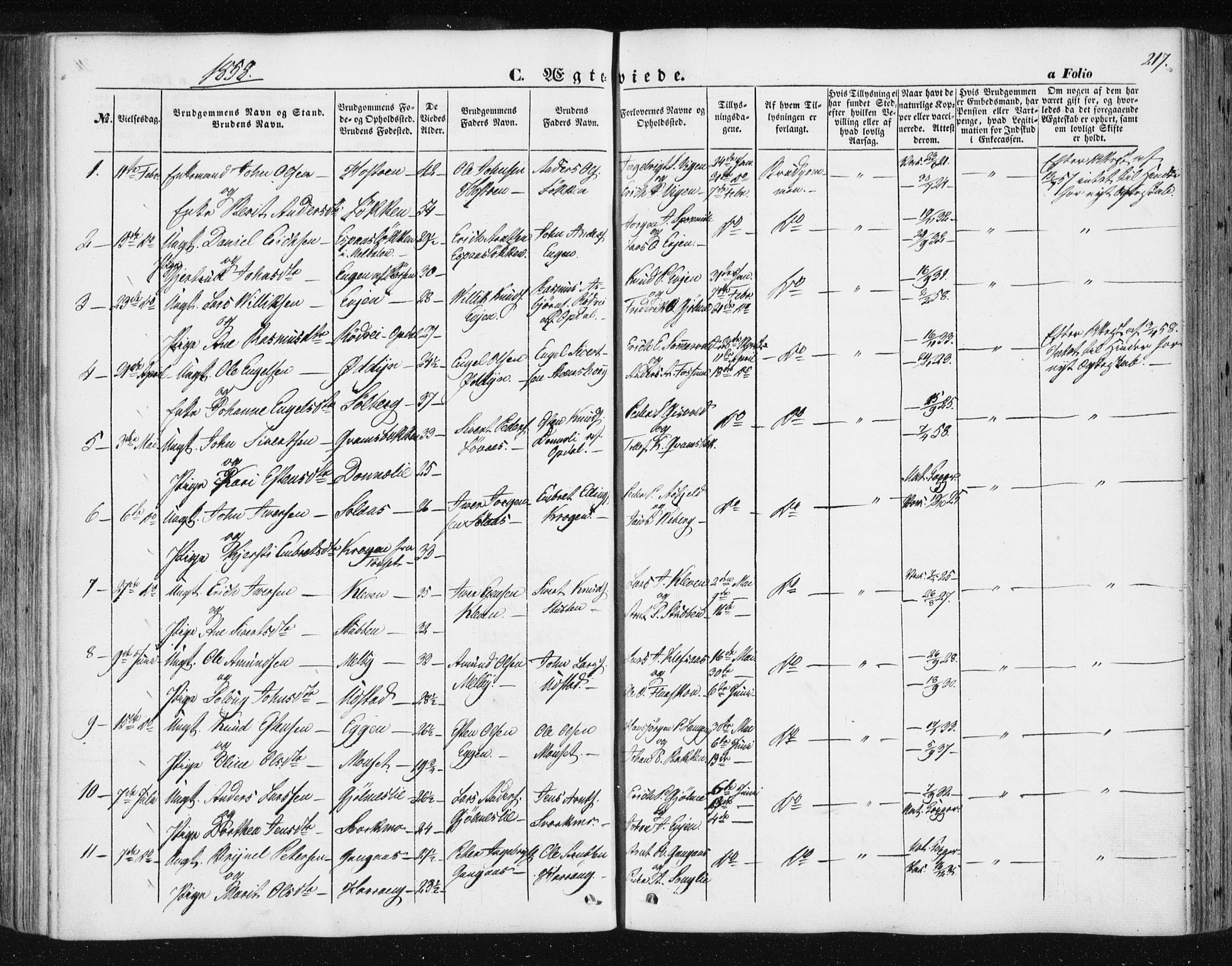 Ministerialprotokoller, klokkerbøker og fødselsregistre - Sør-Trøndelag, SAT/A-1456/668/L0806: Parish register (official) no. 668A06, 1854-1869, p. 217