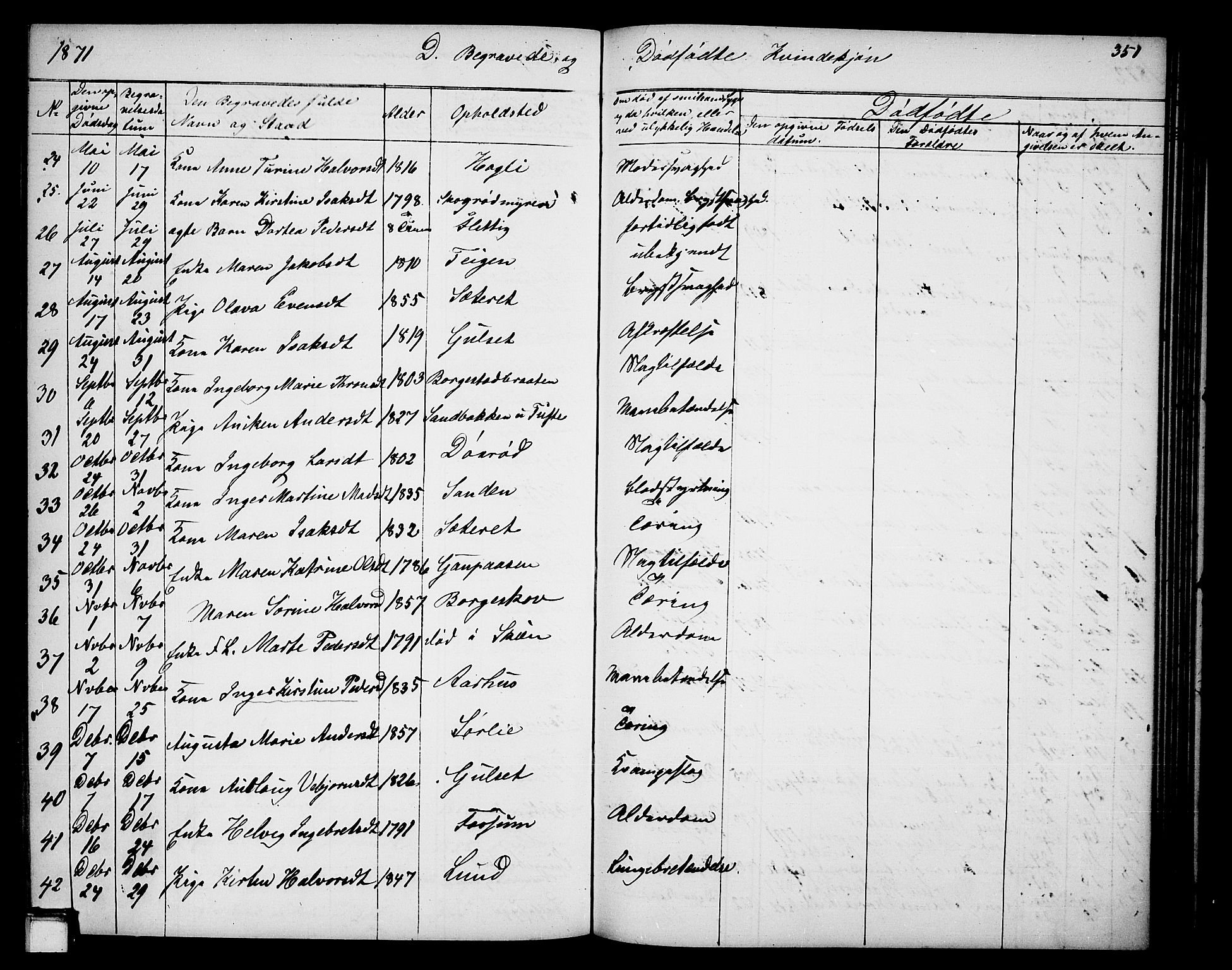 Gjerpen kirkebøker, SAKO/A-265/G/Ga/L0001: Parish register (copy) no. I 1, 1864-1882, p. 351
