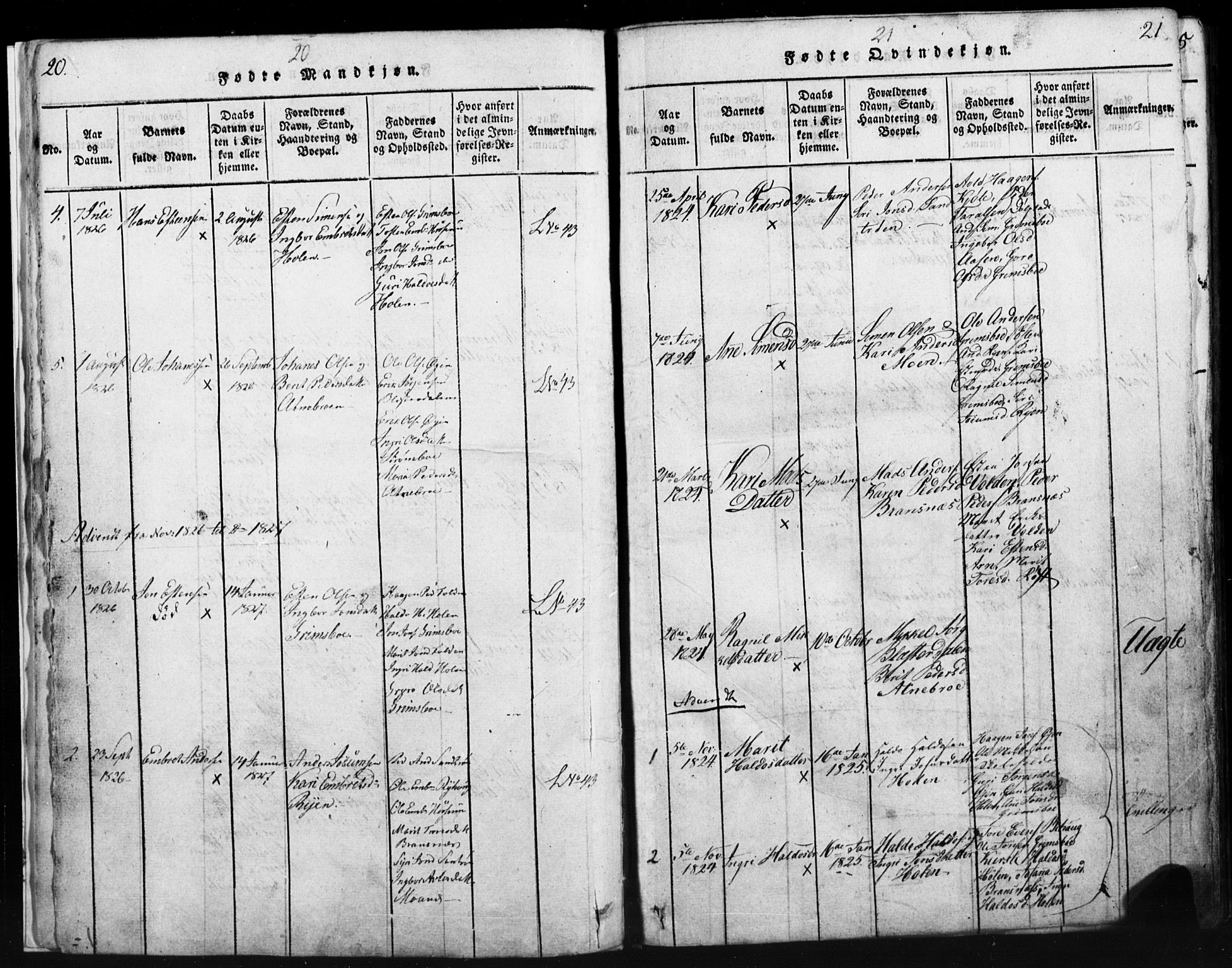 Tynset prestekontor, SAH/PREST-058/H/Ha/Hab/L0003: Parish register (copy) no. 3, 1814-1862, p. 20-21