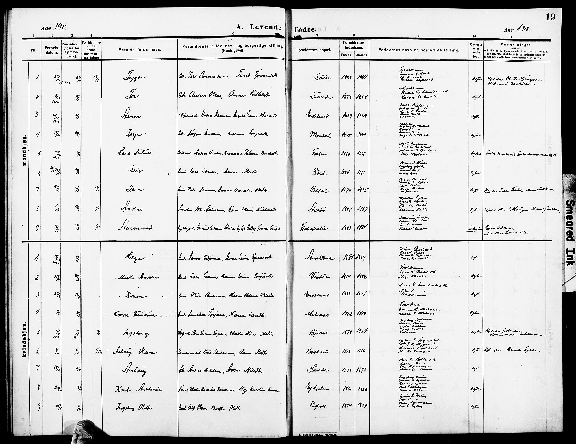 Gjerstad sokneprestkontor, SAK/1111-0014/F/Fb/Fba/L0008: Parish register (copy) no. B 8, 1909-1925, p. 19