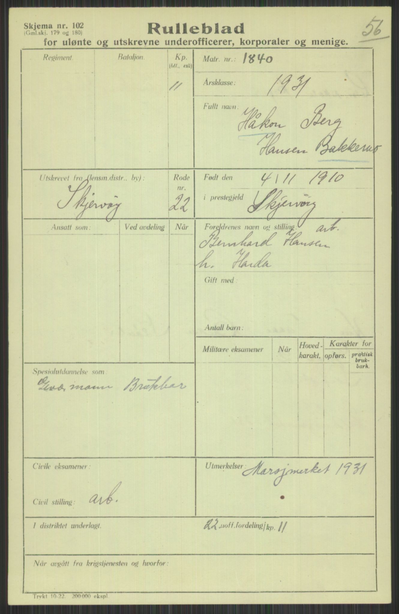 Forsvaret, Troms infanteriregiment nr. 16, AV/RA-RAFA-3146/P/Pa/L0015: Rulleblad for regimentets menige mannskaper, årsklasse 1931, 1931, p. 67