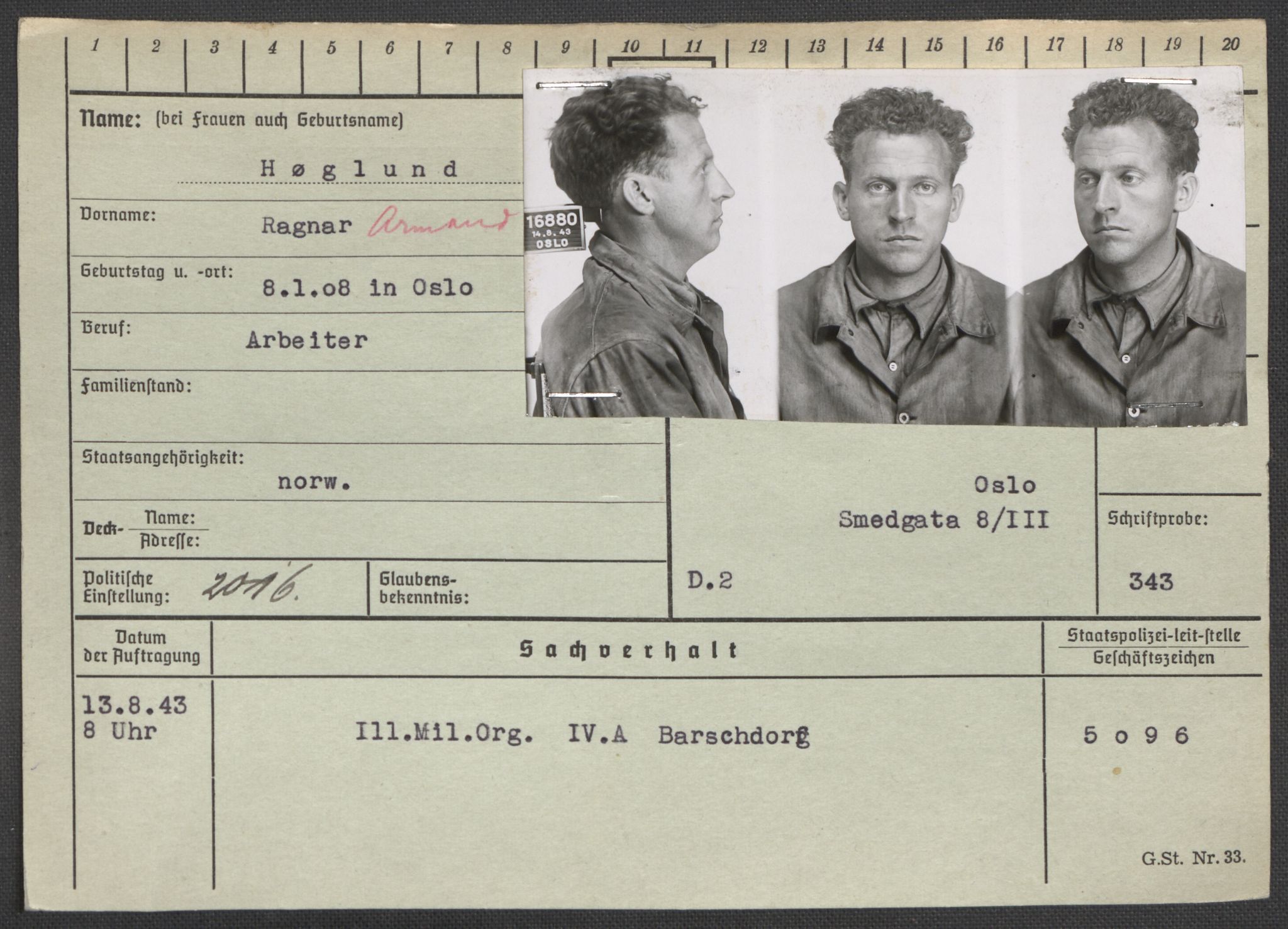 Befehlshaber der Sicherheitspolizei und des SD, AV/RA-RAFA-5969/E/Ea/Eaa/L0005: Register over norske fanger i Møllergata 19: Hø-Kj, 1940-1945, p. 16