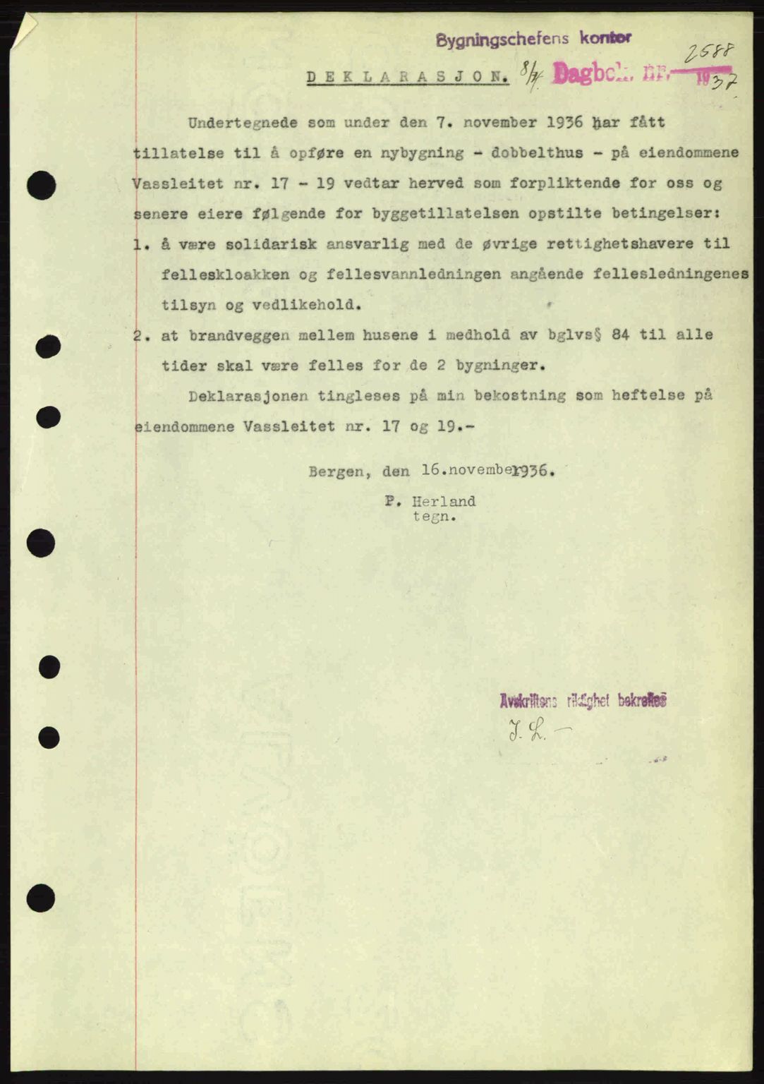 Byfogd og Byskriver i Bergen, SAB/A-3401/03/03Bc/L0004: Mortgage book no. A3-4, 1936-1937, Diary no: : 2588/1937