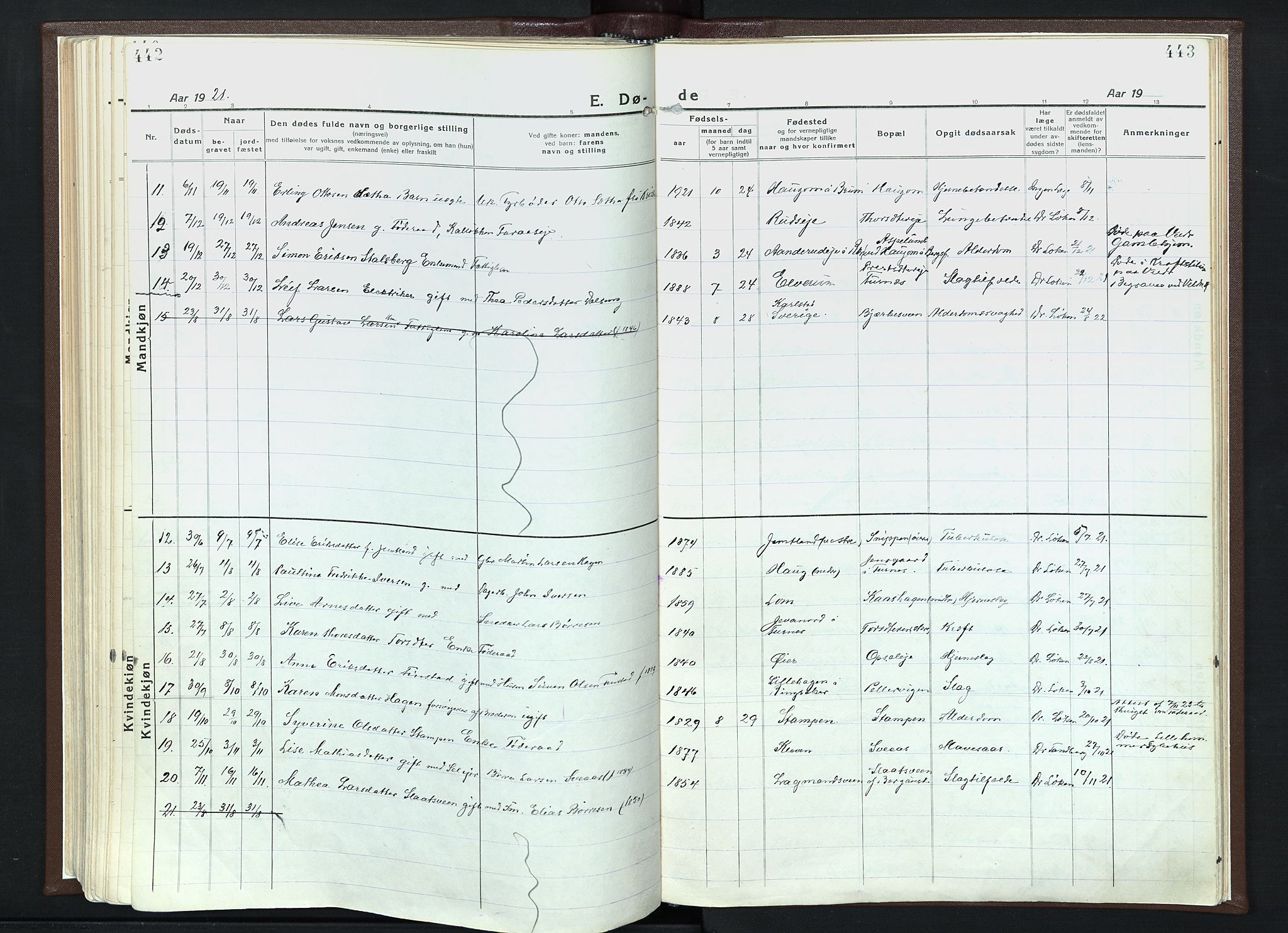 Veldre prestekontor, AV/SAH-PREST-018/K/Ka/L0001: Parish register (official) no. 1, 1921-1934, p. 442-443