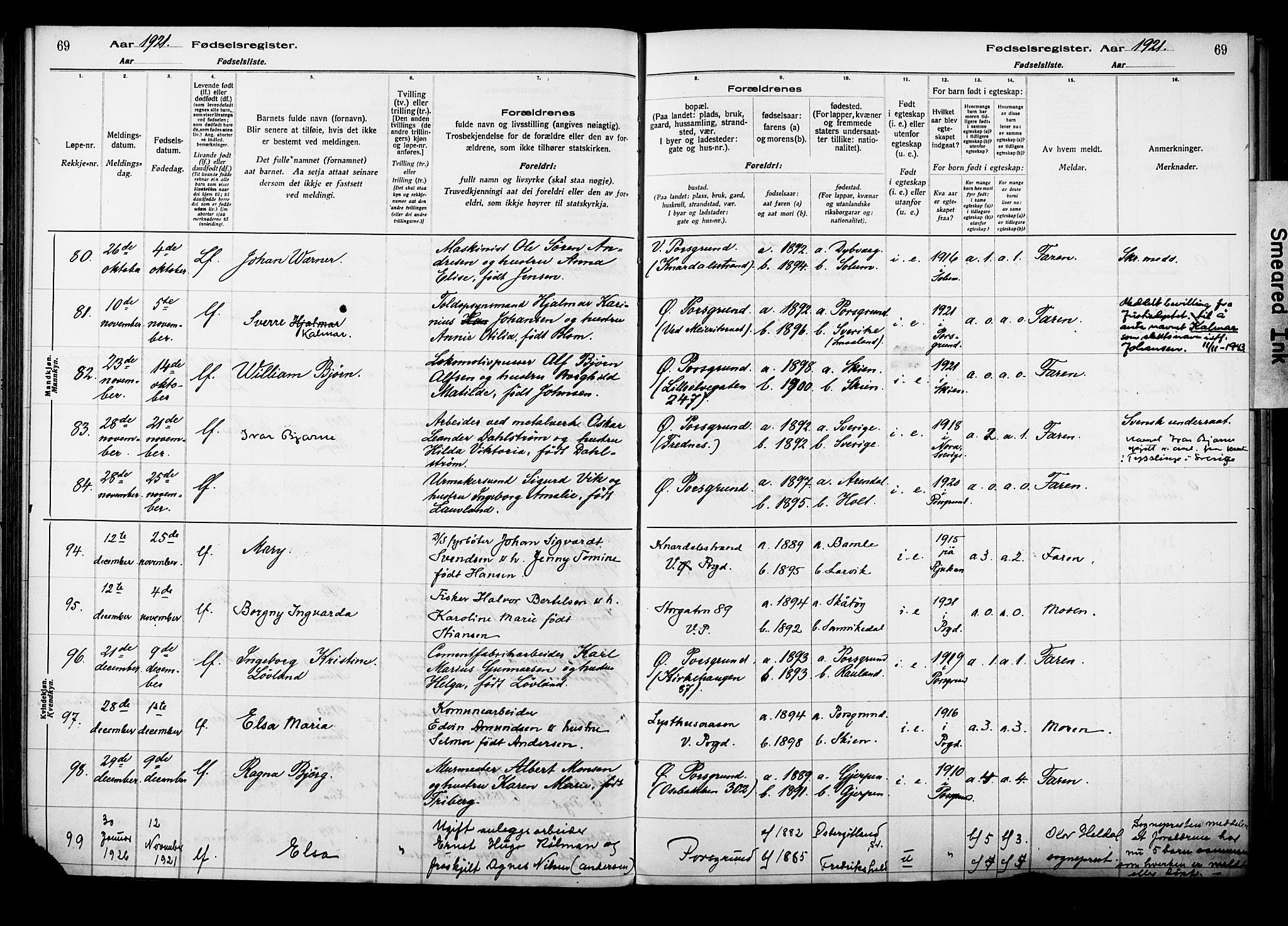 Porsgrunn kirkebøker , AV/SAKO-A-104/J/Ja/L0001: Birth register no. 1, 1916-1929, p. 69