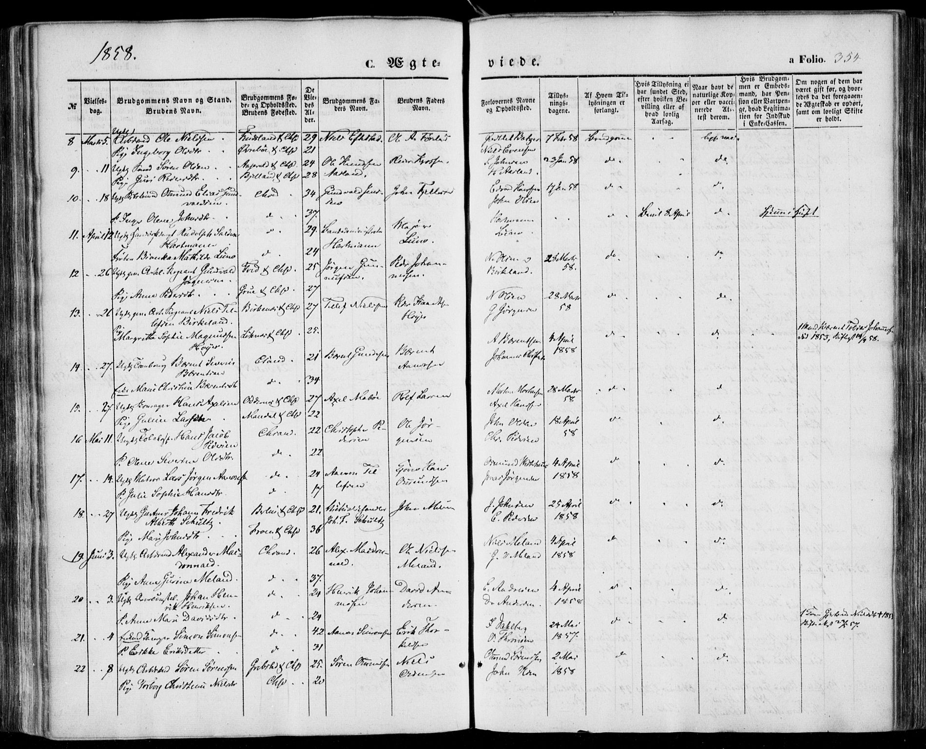 Kristiansand domprosti, SAK/1112-0006/F/Fa/L0014: Parish register (official) no. A 14, 1852-1867, p. 354