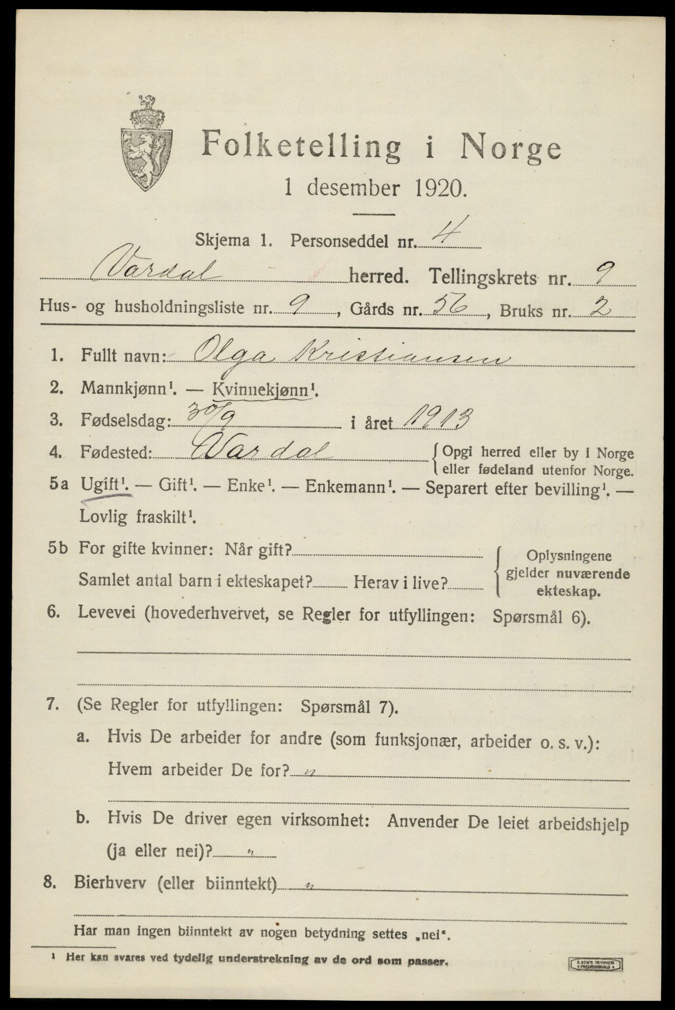 SAH, 1920 census for Vardal, 1920, p. 6587