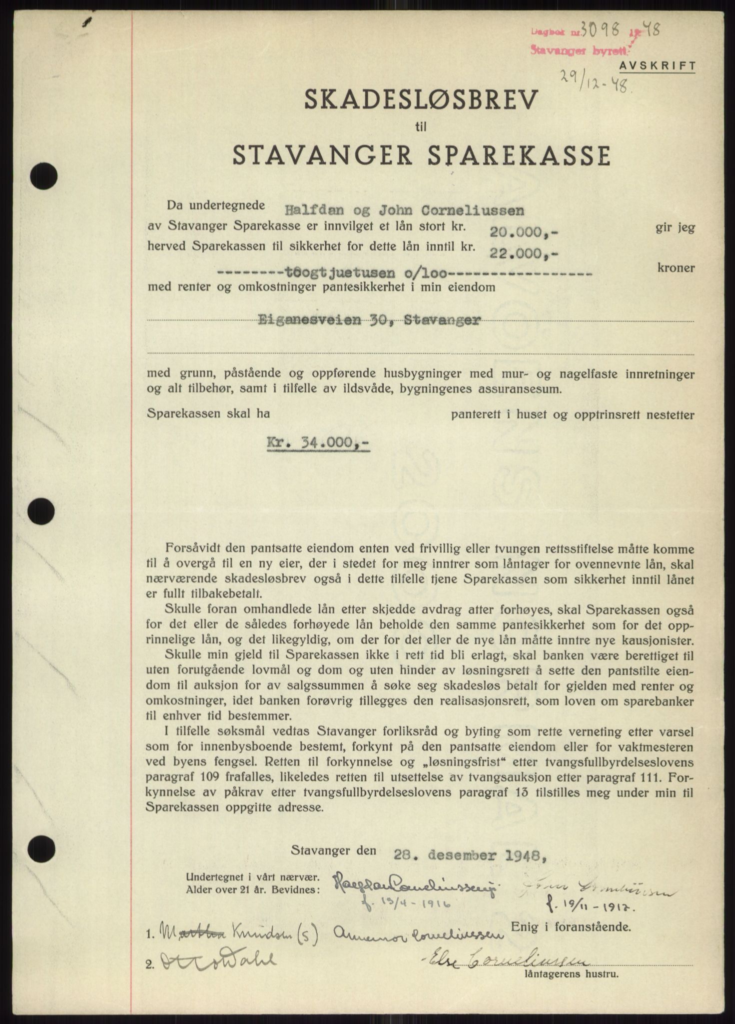 Stavanger byrett, SAST/A-100455/002/G/Gb/L0032: Mortgage book, 1947-1950, Diary no: : 3098/1948