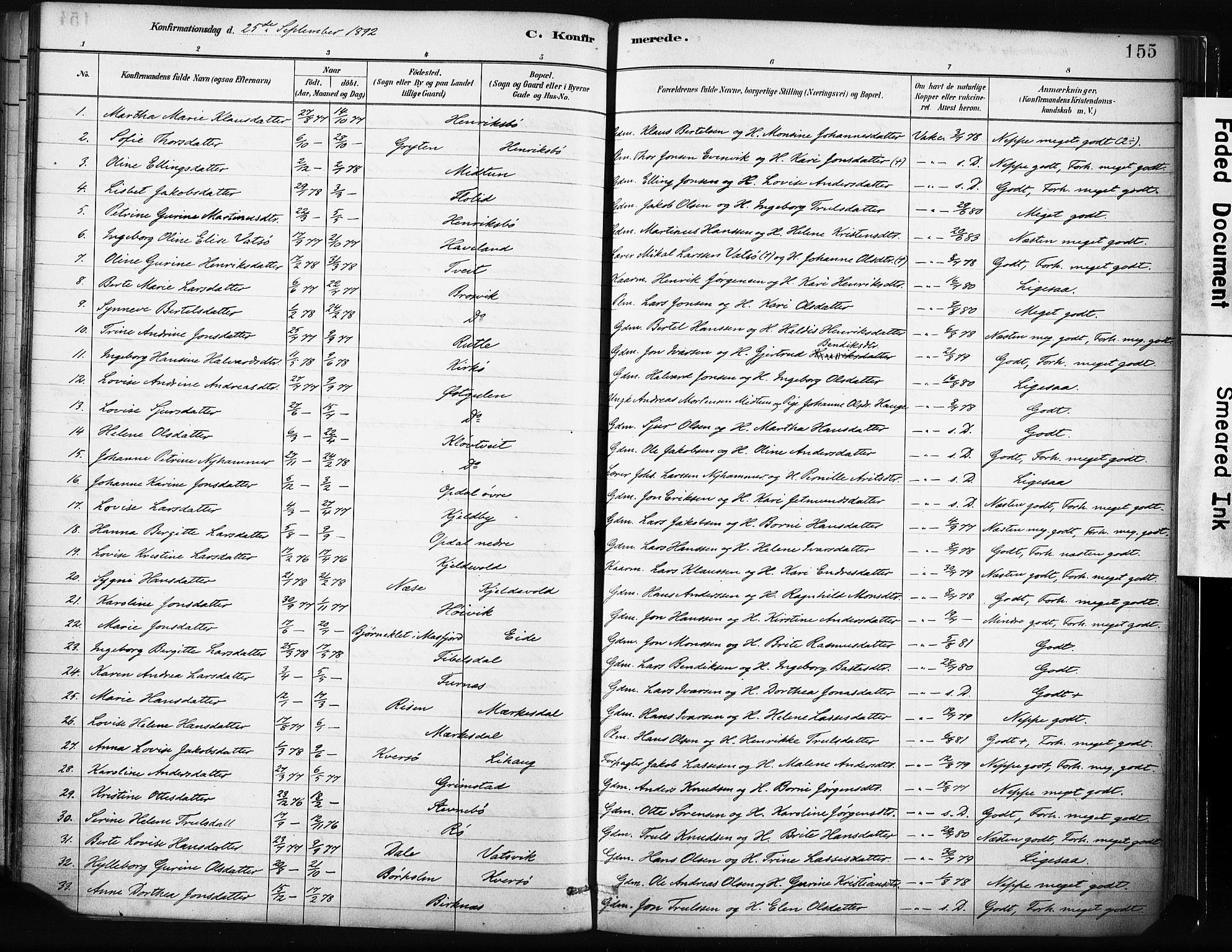 Gulen sokneprestembete, AV/SAB-A-80201/H/Haa/Haab/L0001: Parish register (official) no. B 1, 1881-1905, p. 155