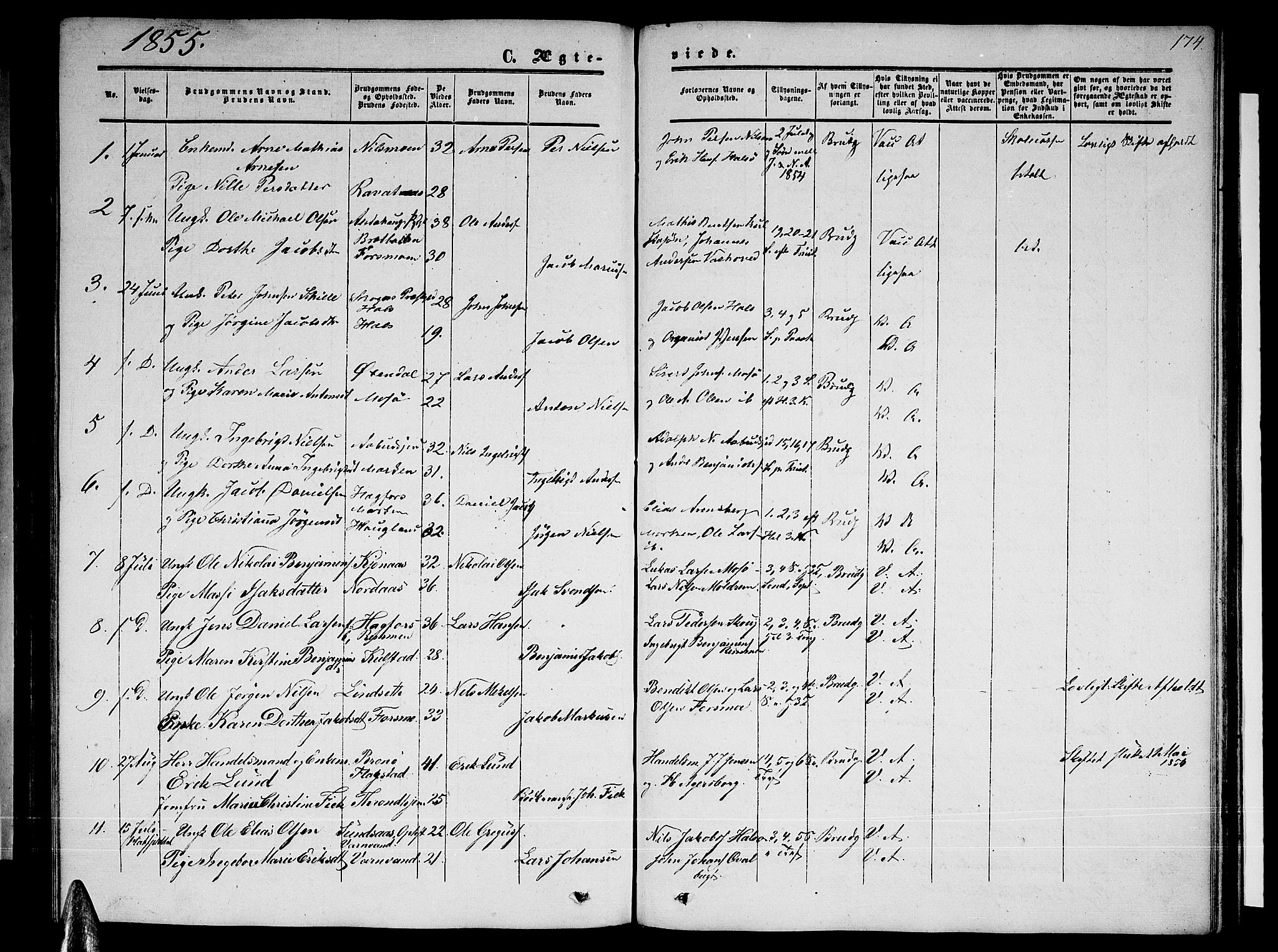 Ministerialprotokoller, klokkerbøker og fødselsregistre - Nordland, AV/SAT-A-1459/820/L0301: Parish register (copy) no. 820C03, 1851-1858, p. 174