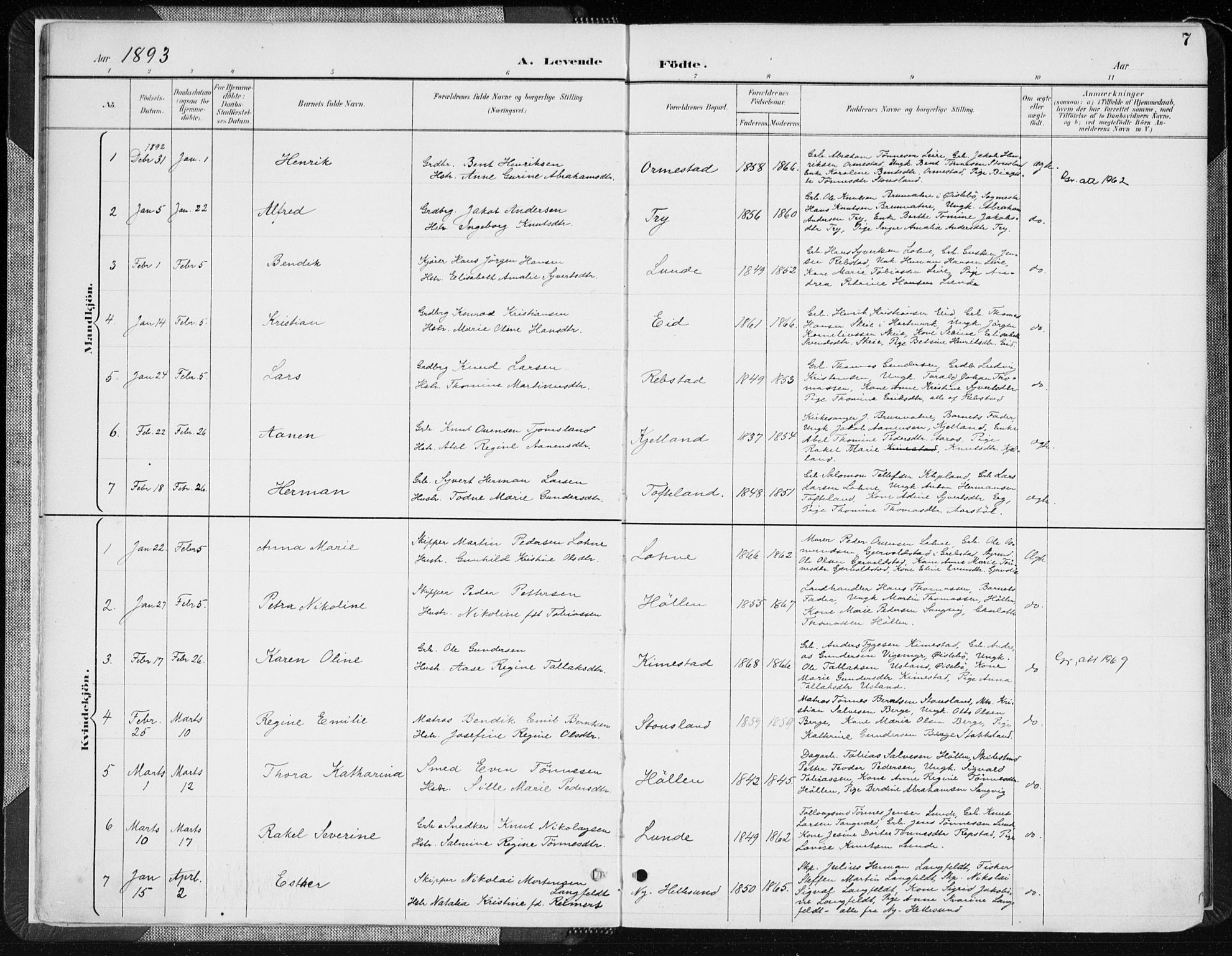 Søgne sokneprestkontor, SAK/1111-0037/F/Fa/Fab/L0013: Parish register (official) no. A 13, 1892-1911, p. 7