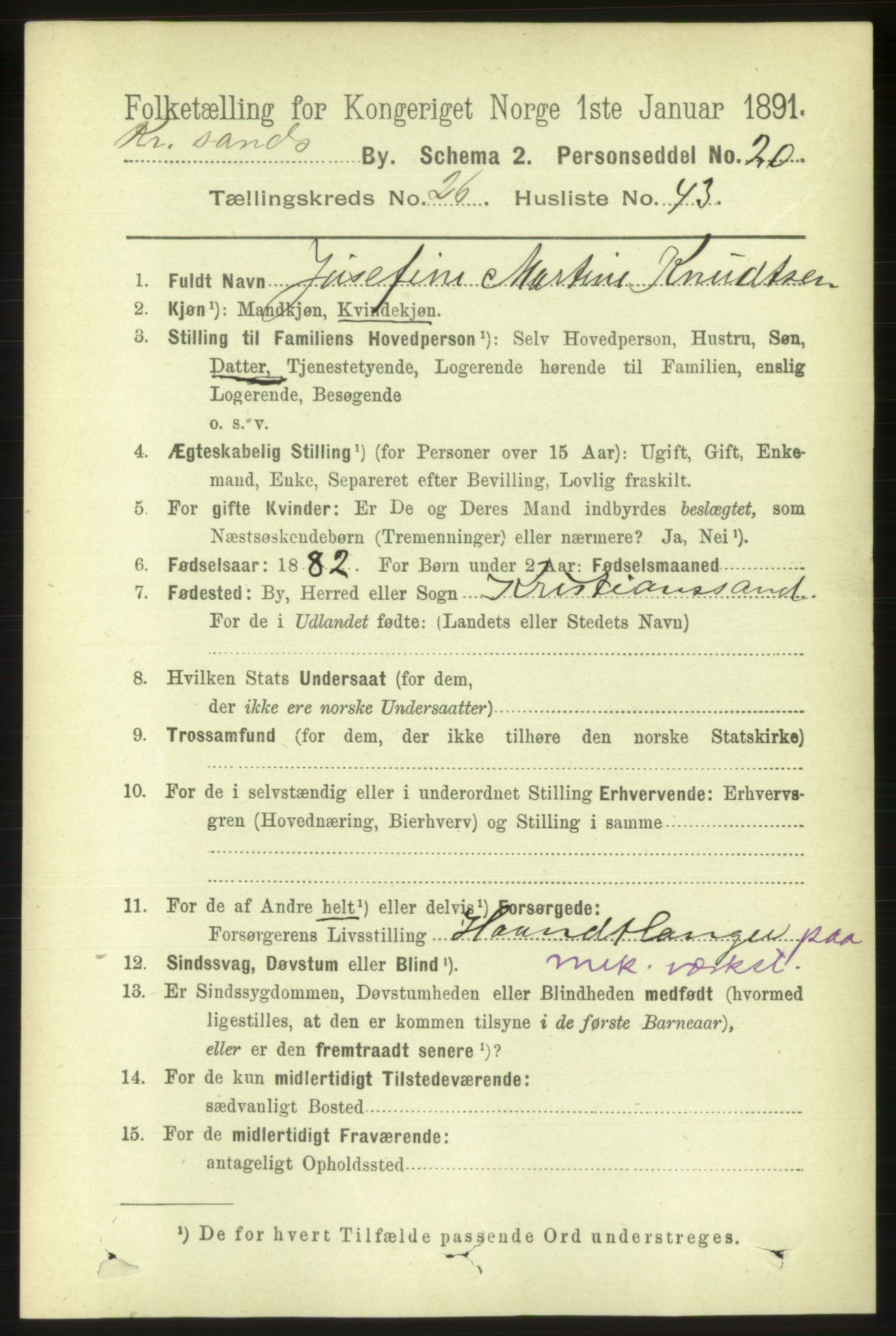 RA, 1891 census for 1001 Kristiansand, 1891, p. 9397