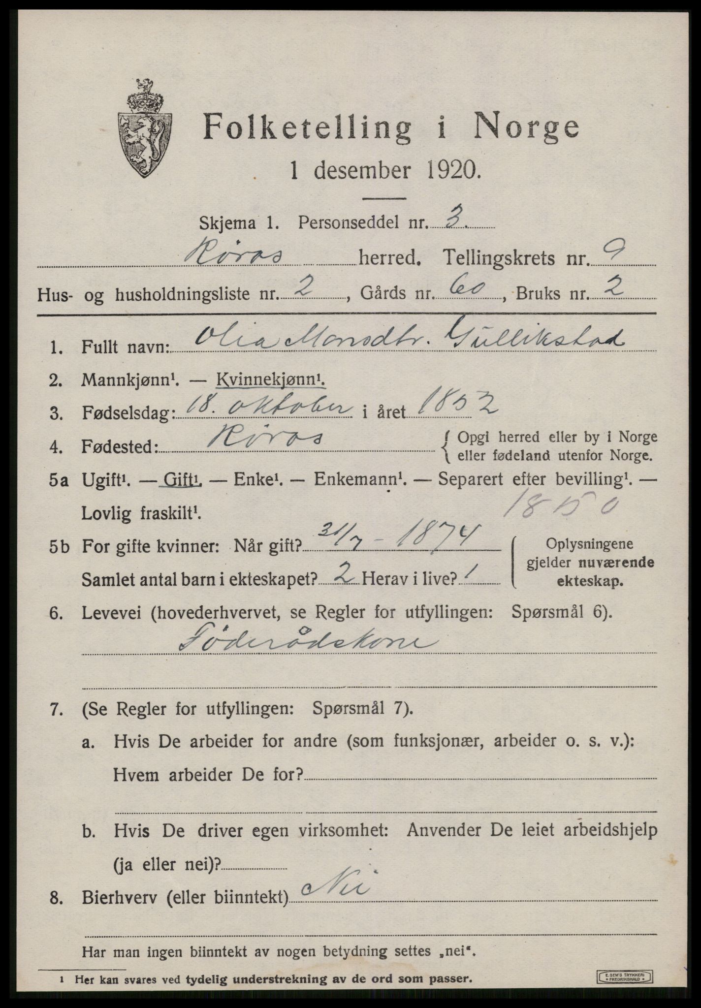 SAT, 1920 census for Røros, 1920, p. 7704