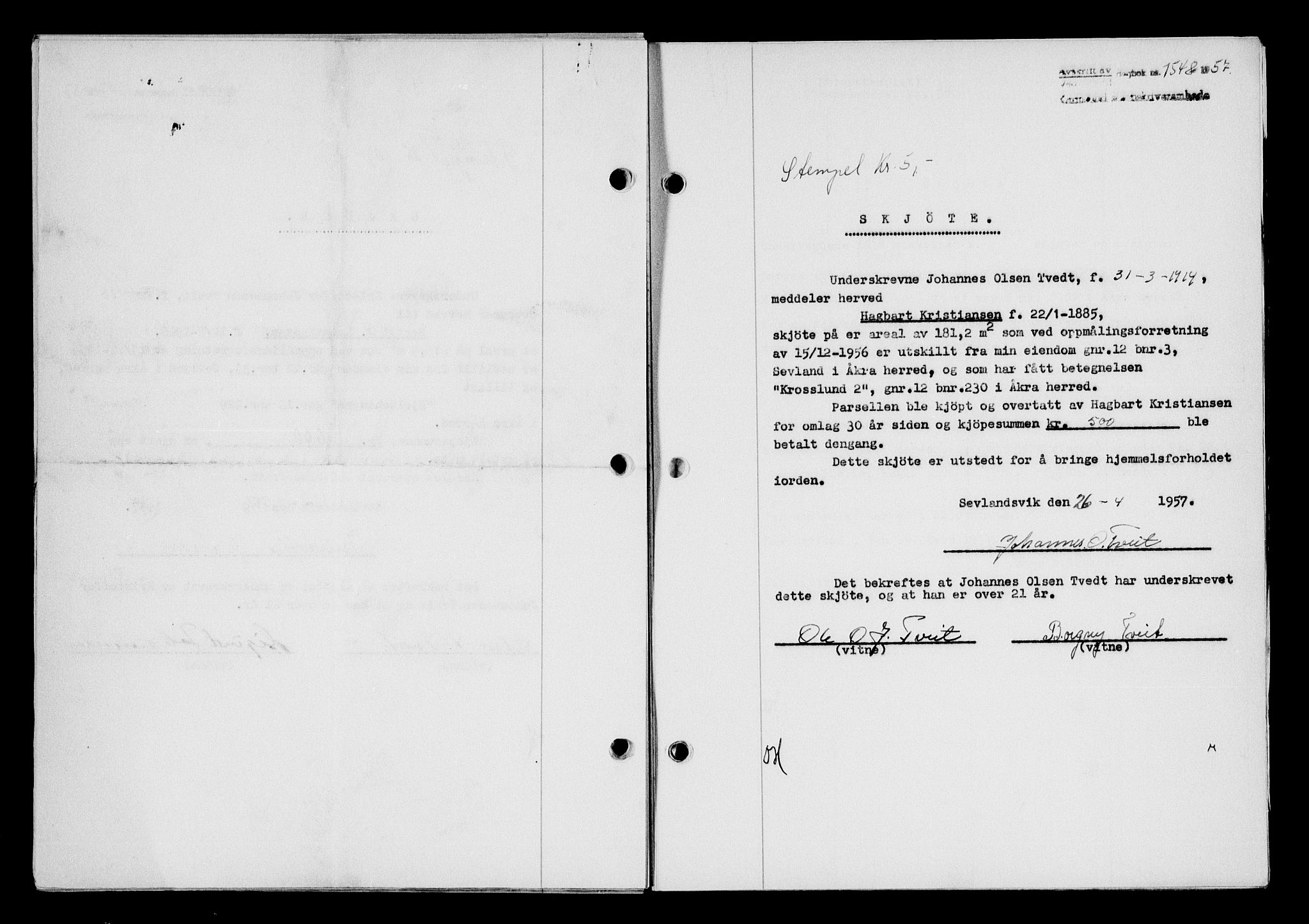 Karmsund sorenskriveri, AV/SAST-A-100311/01/II/IIB/L0125: Mortgage book no. 105A, 1957-1957, Diary no: : 1548/1957