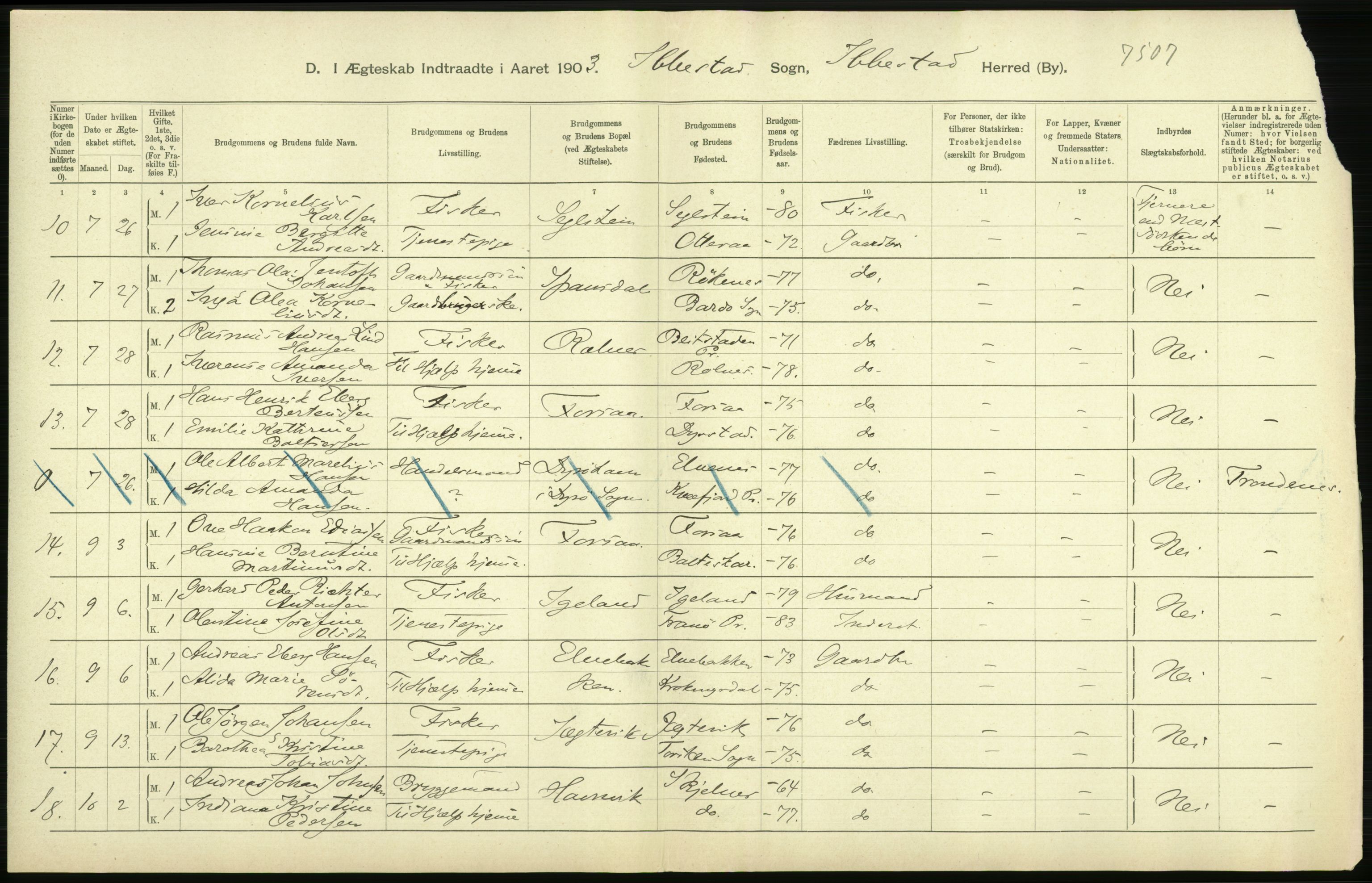 Statistisk sentralbyrå, Sosiodemografiske emner, Befolkning, AV/RA-S-2228/D/Df/Dfa/Dfaa/L0021: Tromsø amt: Fødte, gifte, døde., 1903, p. 350