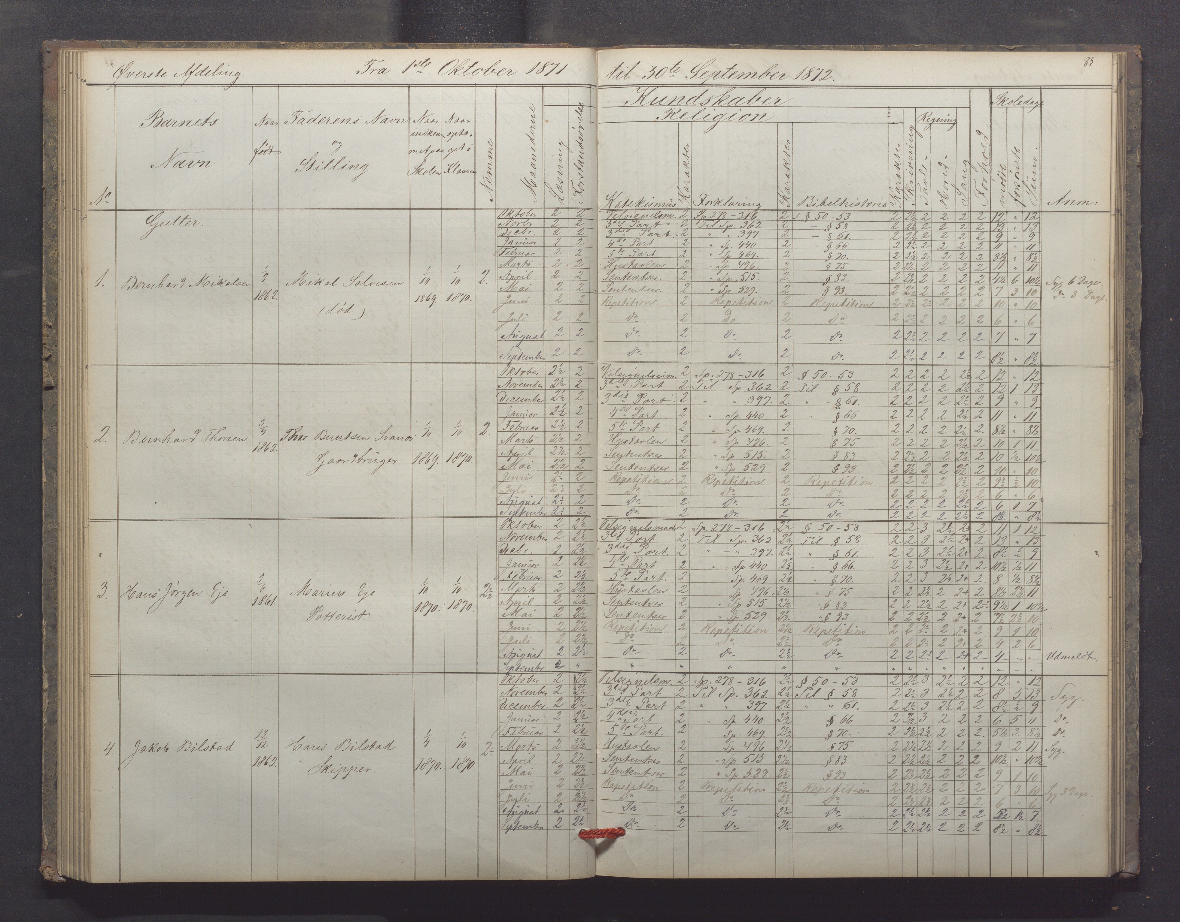 Egersund kommune (Ladested) - Egersund almueskole/folkeskole, IKAR/K-100521/H/L0012: Skoleprotokoll - Almueskolen, 3. klasse, 1867-1876, p. 85