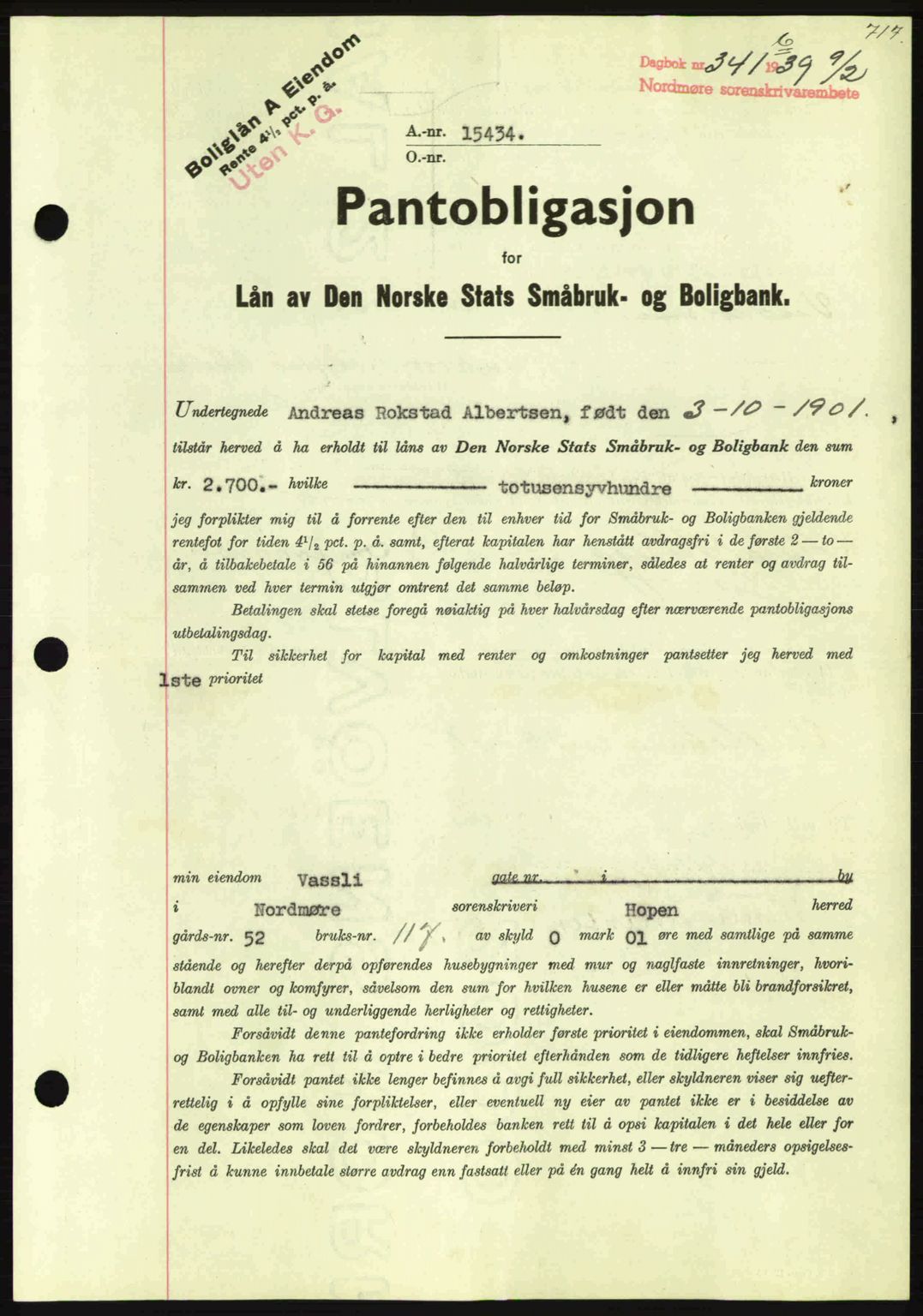 Nordmøre sorenskriveri, SAT/A-4132/1/2/2Ca: Mortgage book no. B84, 1938-1939, Diary no: : 341/1939