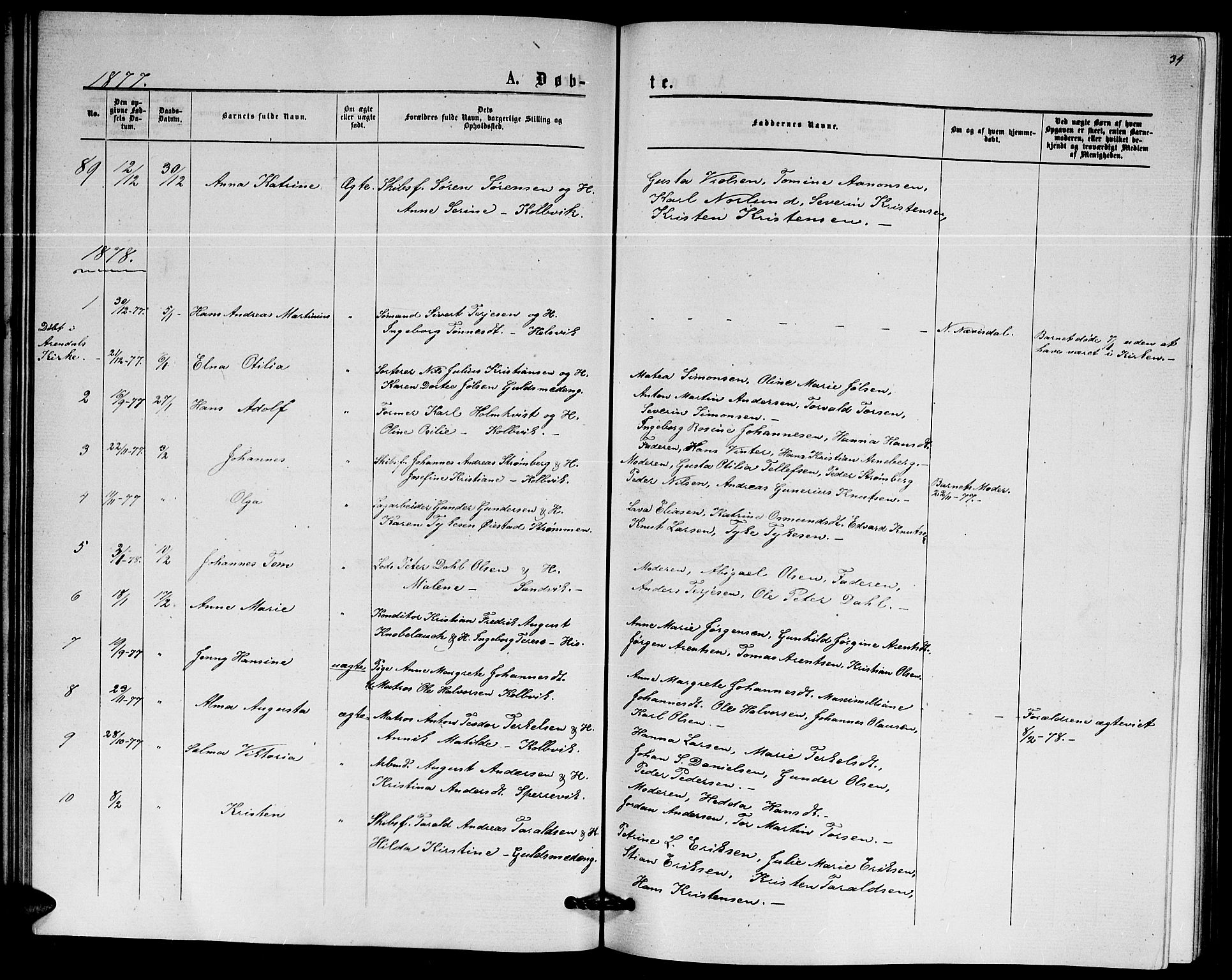 Hisøy sokneprestkontor, SAK/1111-0020/F/Fb/L0002: Parish register (copy) no. B 2, 1873-1885, p. 34