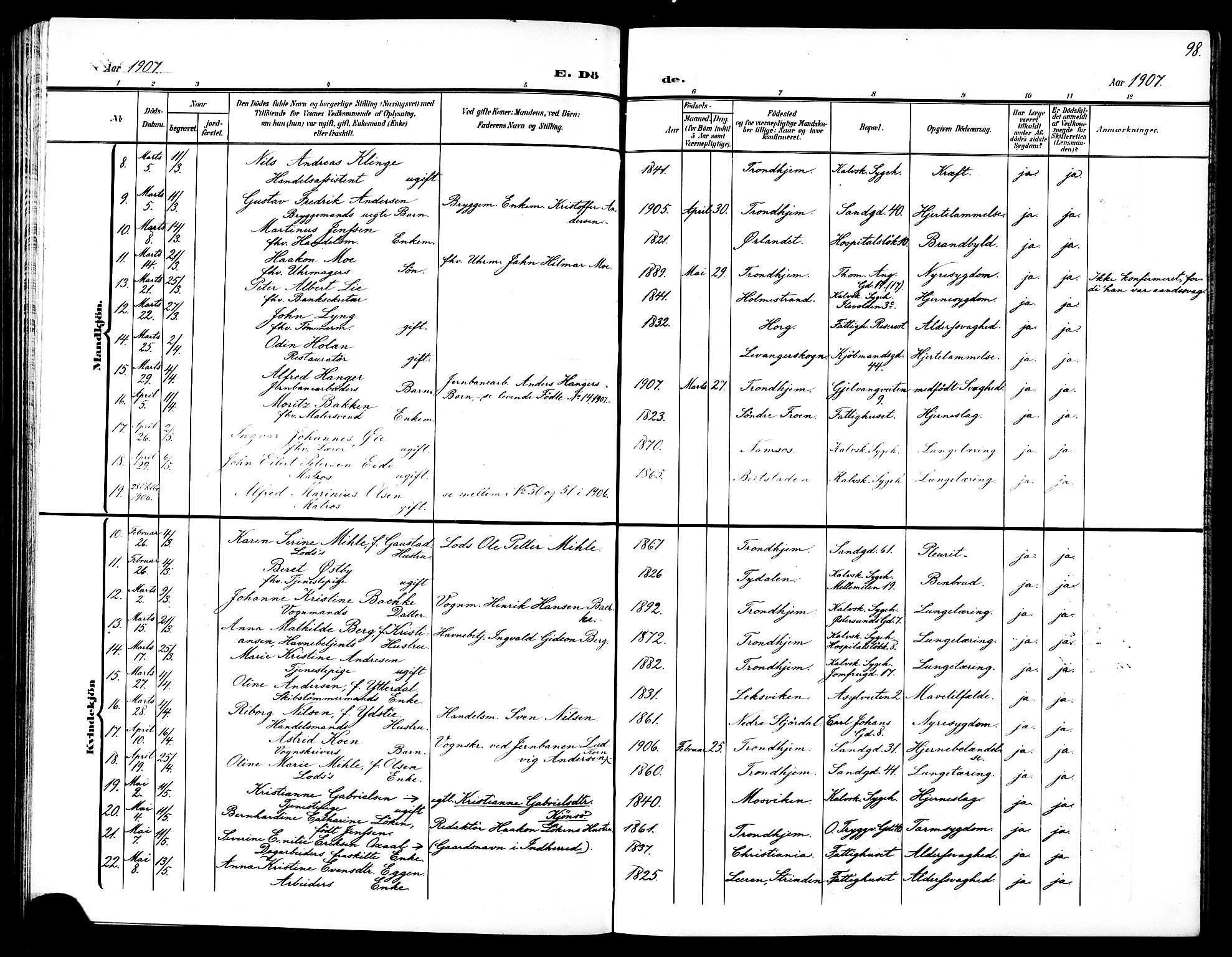 Ministerialprotokoller, klokkerbøker og fødselsregistre - Sør-Trøndelag, AV/SAT-A-1456/602/L0146: Parish register (copy) no. 602C14, 1904-1914, p. 98