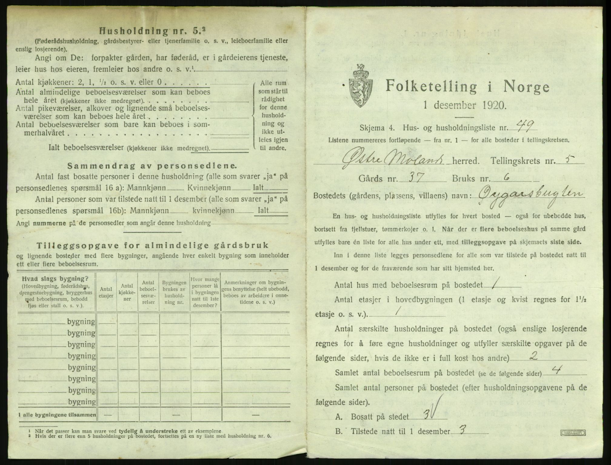 SAK, 1920 census for Austre Moland, 1920, p. 543