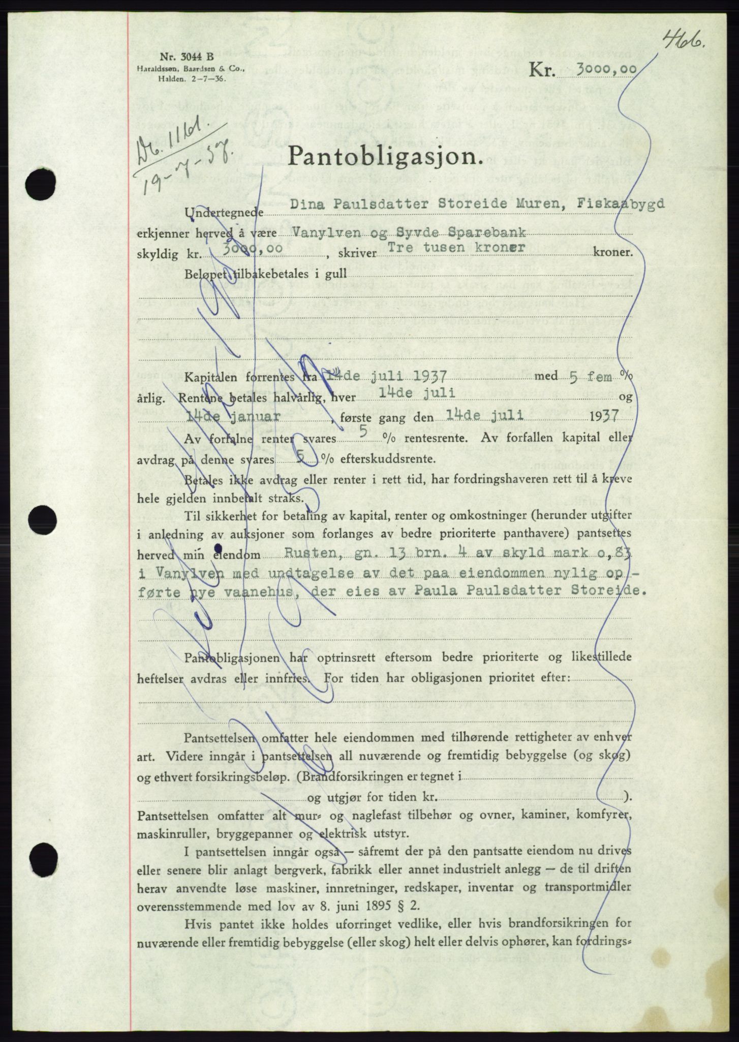 Søre Sunnmøre sorenskriveri, AV/SAT-A-4122/1/2/2C/L0063: Mortgage book no. 57, 1937-1937, Diary no: : 1161/1937