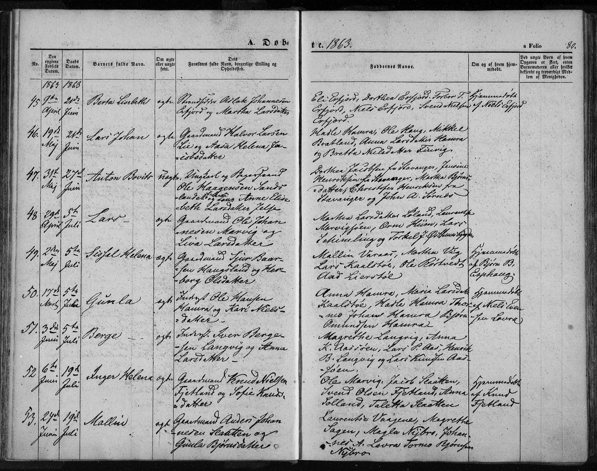 Jelsa sokneprestkontor, AV/SAST-A-101842/01/IV: Parish register (official) no. A 7, 1854-1866, p. 80