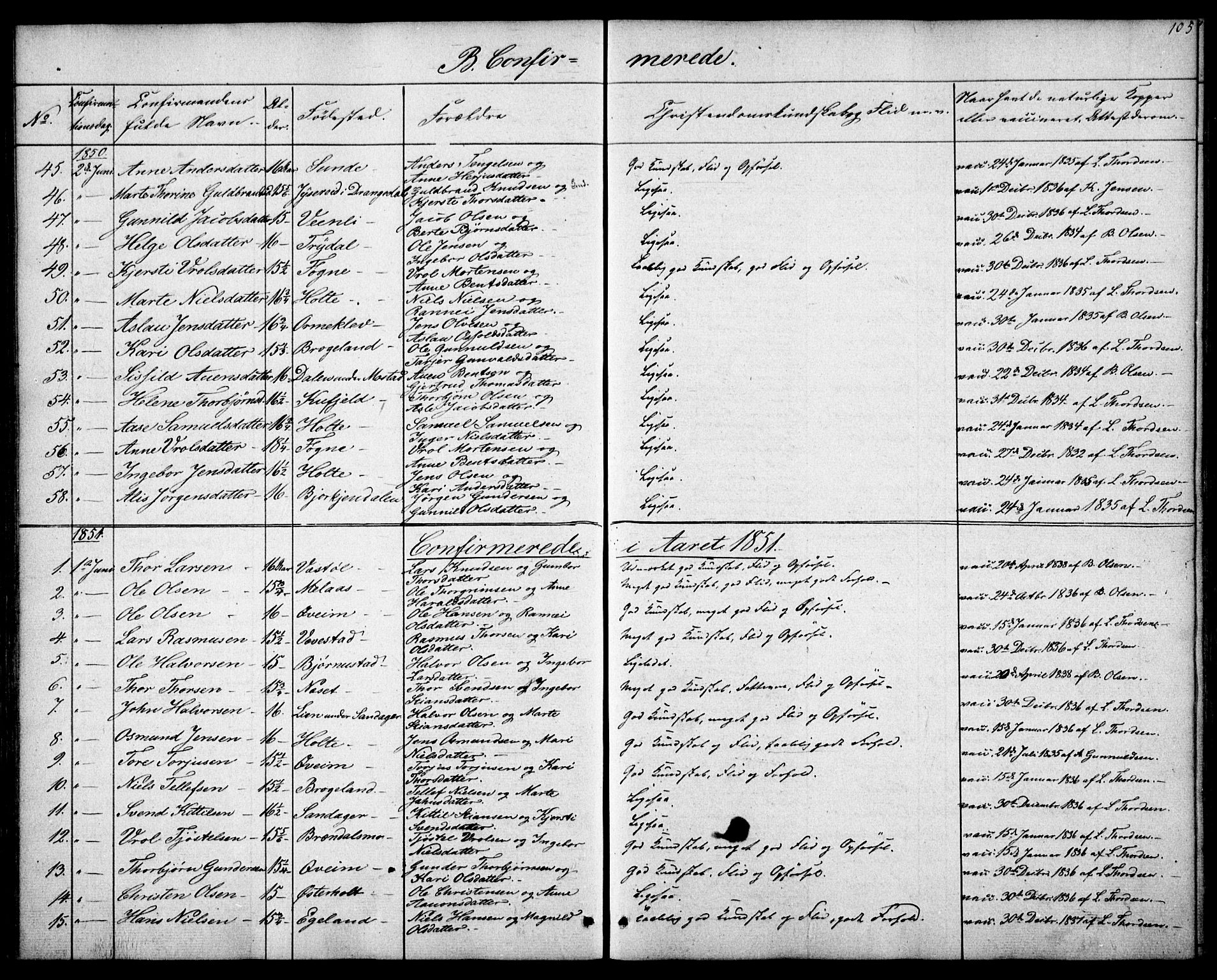 Gjerstad sokneprestkontor, SAK/1111-0014/F/Fa/Faa/L0006: Parish register (official) no. A 6, 1841-1857, p. 105