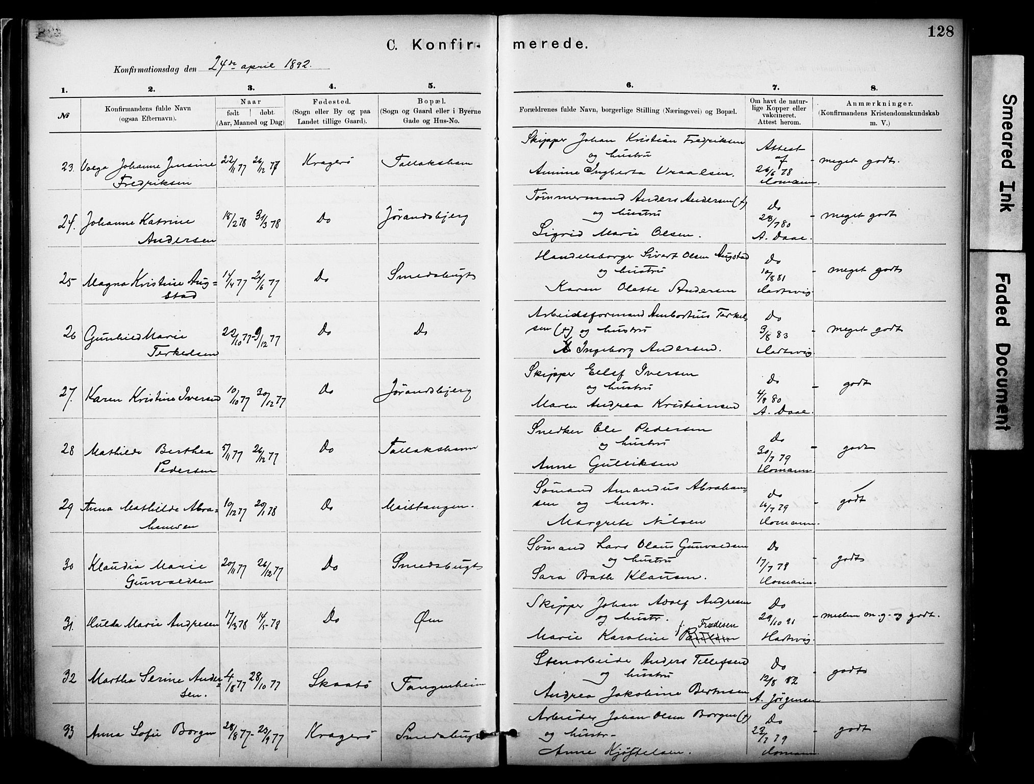 Kragerø kirkebøker, SAKO/A-278/F/Fa/L0012: Parish register (official) no. 12, 1880-1904, p. 128