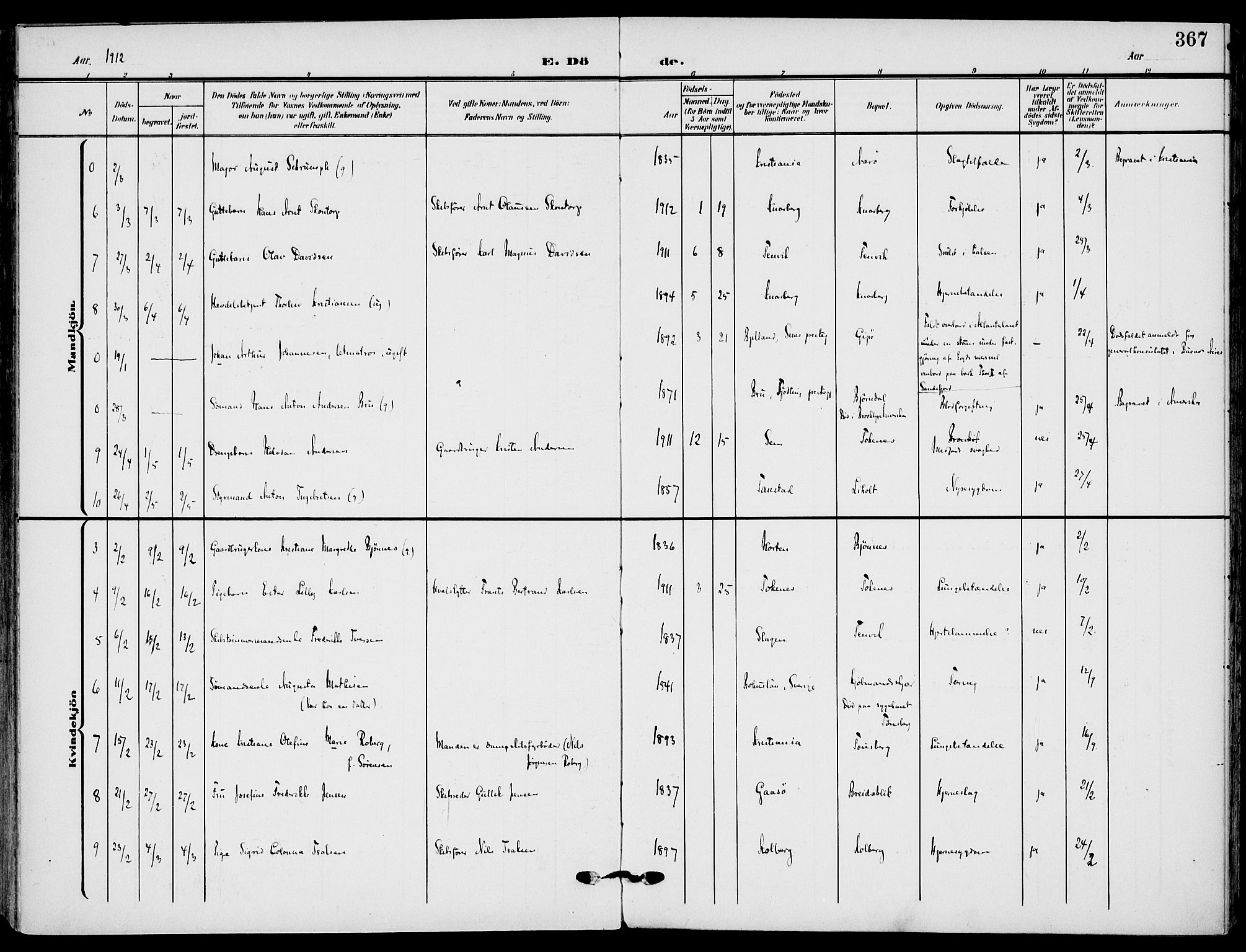 Nøtterøy kirkebøker, AV/SAKO-A-354/F/Fa/L0010: Parish register (official) no. I 10, 1908-1919, p. 367