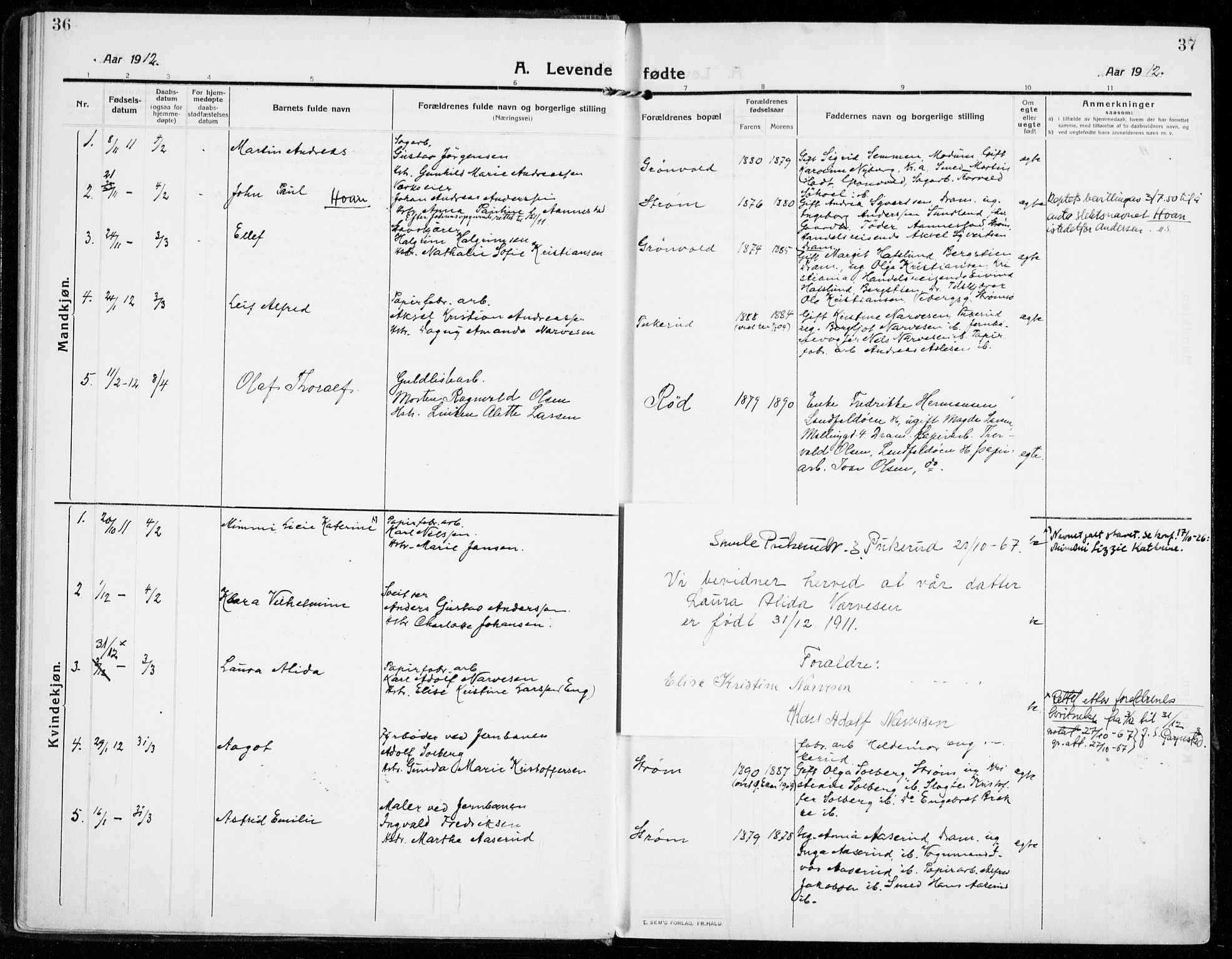 Strømsgodset kirkebøker, AV/SAKO-A-324/F/Fa/L0002: Parish register (official) no. 2, 1910-1920, p. 36-37