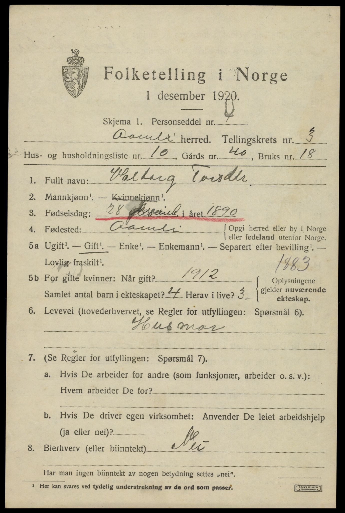 SAK, 1920 census for Åmli, 1920, p. 1377