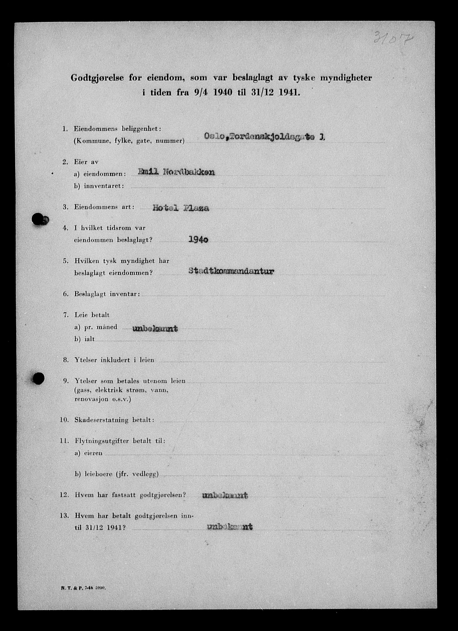 Justisdepartementet, Tilbakeføringskontoret for inndratte formuer, AV/RA-S-1564/I/L1011: Godtgjørelse for beslaglagt eiendom, 1940-1941, p. 301