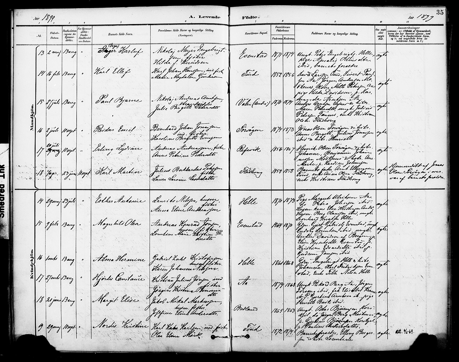 Ministerialprotokoller, klokkerbøker og fødselsregistre - Nordland, AV/SAT-A-1459/886/L1220: Parish register (official) no. 886A02, 1892-1903, p. 35