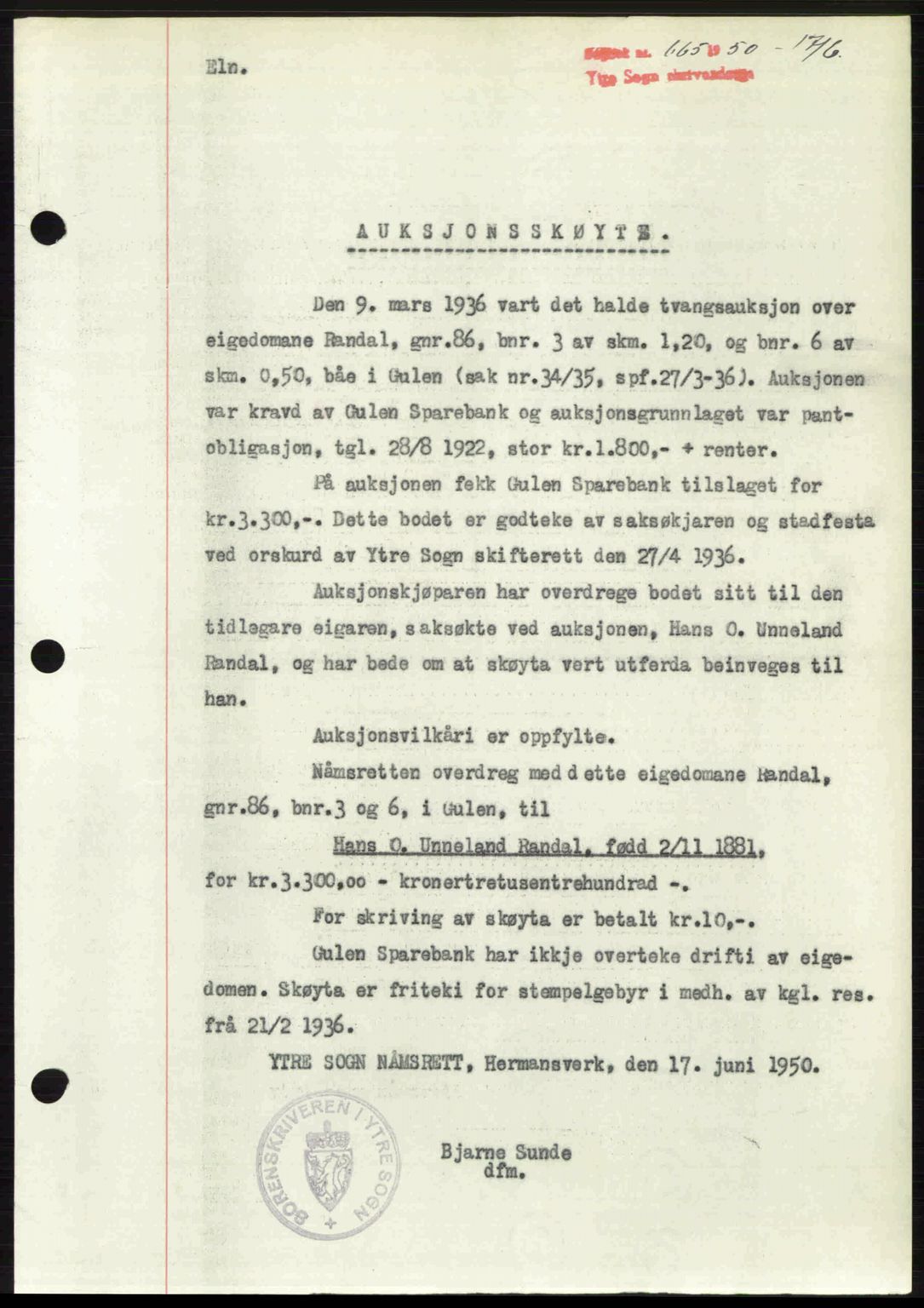 Ytre Sogn tingrett, SAB/A-2601/1/G/Gbb/L0009: Mortgage book no. A6 - A7 (B4), 1950-1950, Diary no: : 665/1950