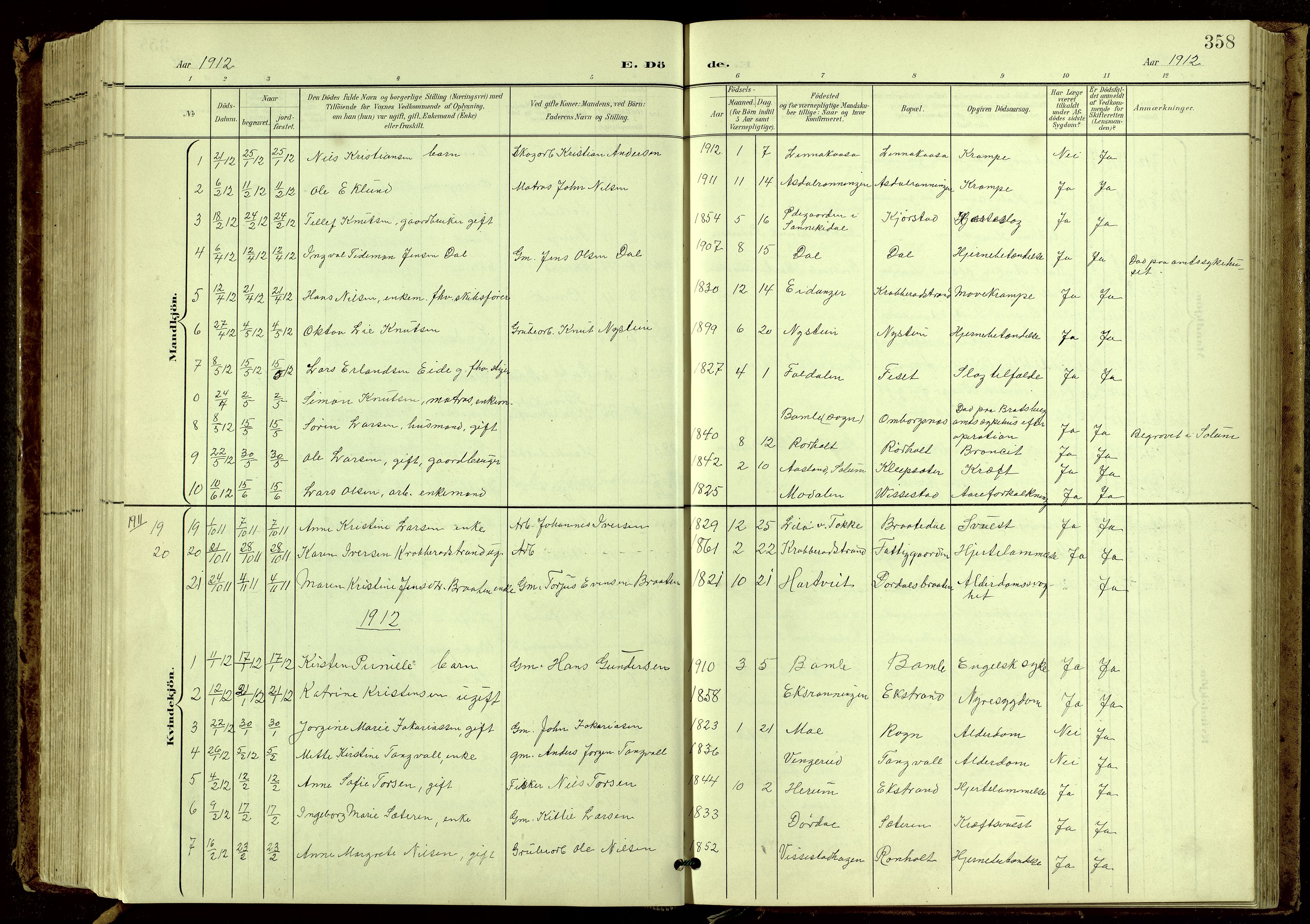 Bamble kirkebøker, SAKO/A-253/G/Ga/L0010: Parish register (copy) no. I 10, 1901-1919, p. 358