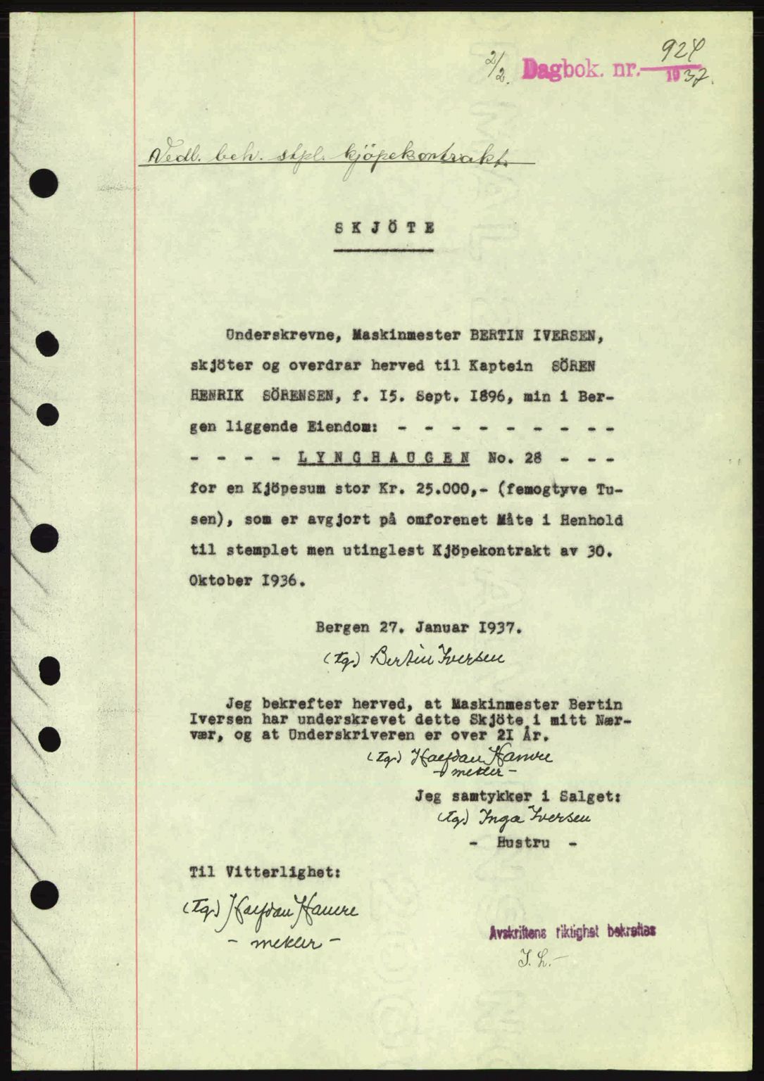 Byfogd og Byskriver i Bergen, SAB/A-3401/03/03Bc/L0004: Mortgage book no. A3-4, 1936-1937, Diary no: : 924/1937