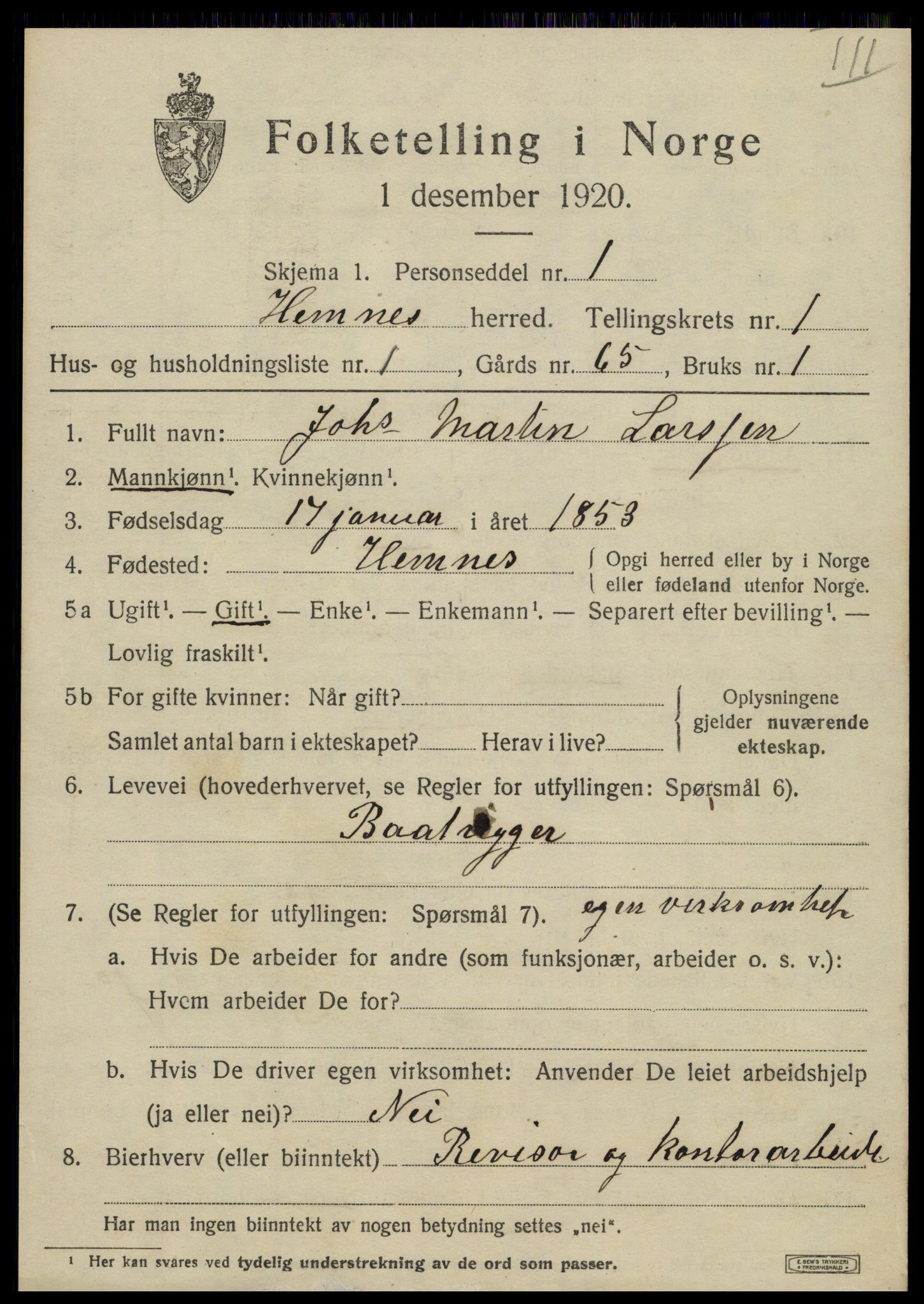 SAT, 1920 census for Hemnes, 1920, p. 1368