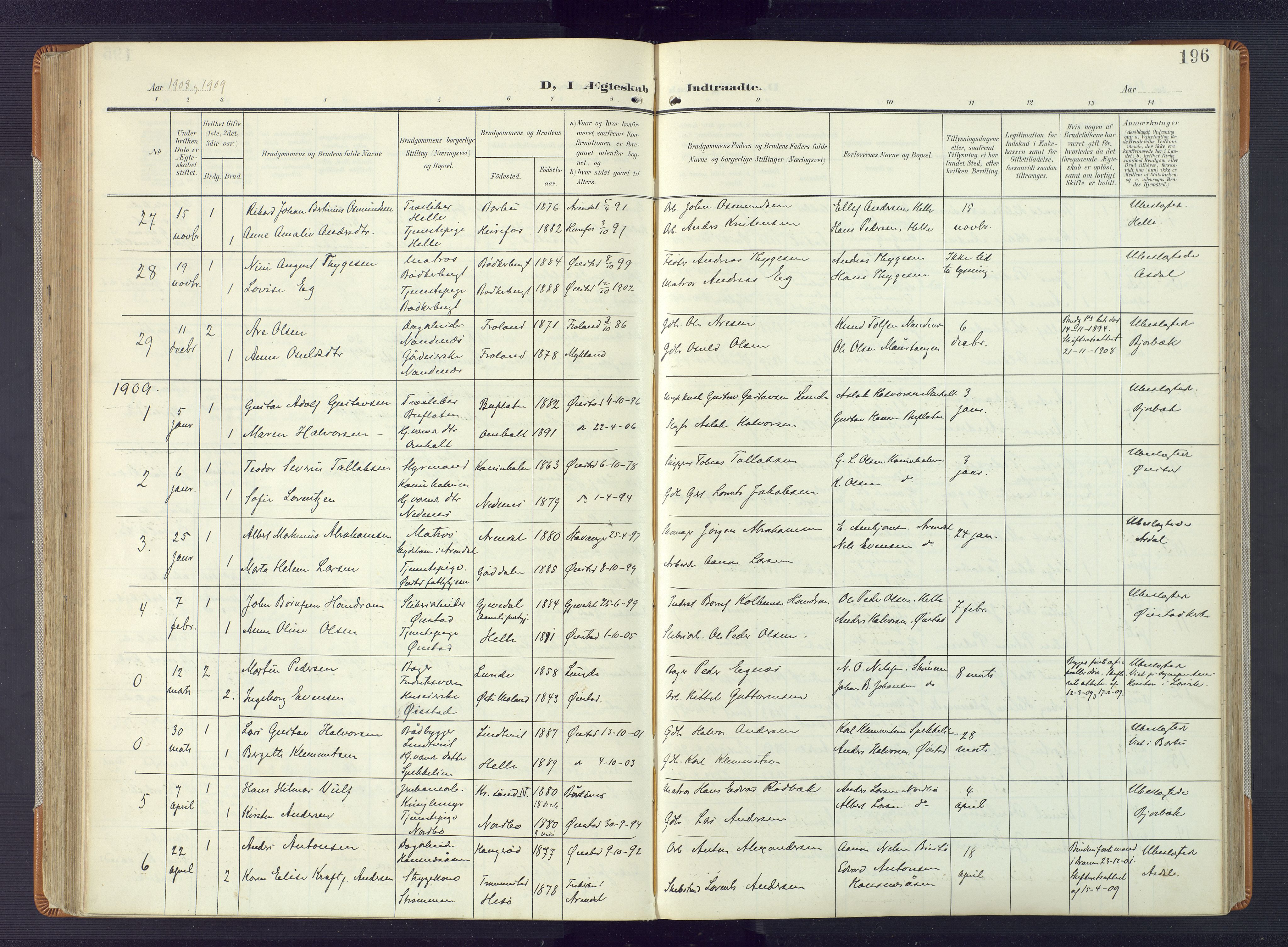 Øyestad sokneprestkontor, AV/SAK-1111-0049/F/Fa/L0019: Parish register (official) no. A 19, 1908-1922, p. 196